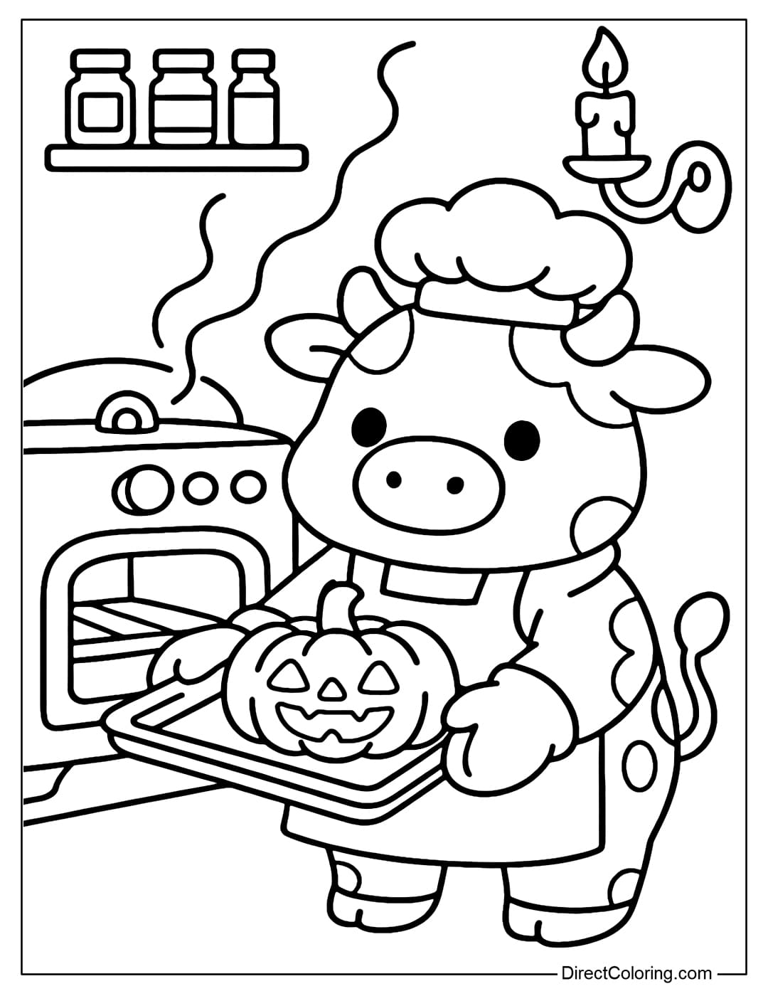 A chef cow coloring page is baking pumpkin pie in the kitchen for Halloween.