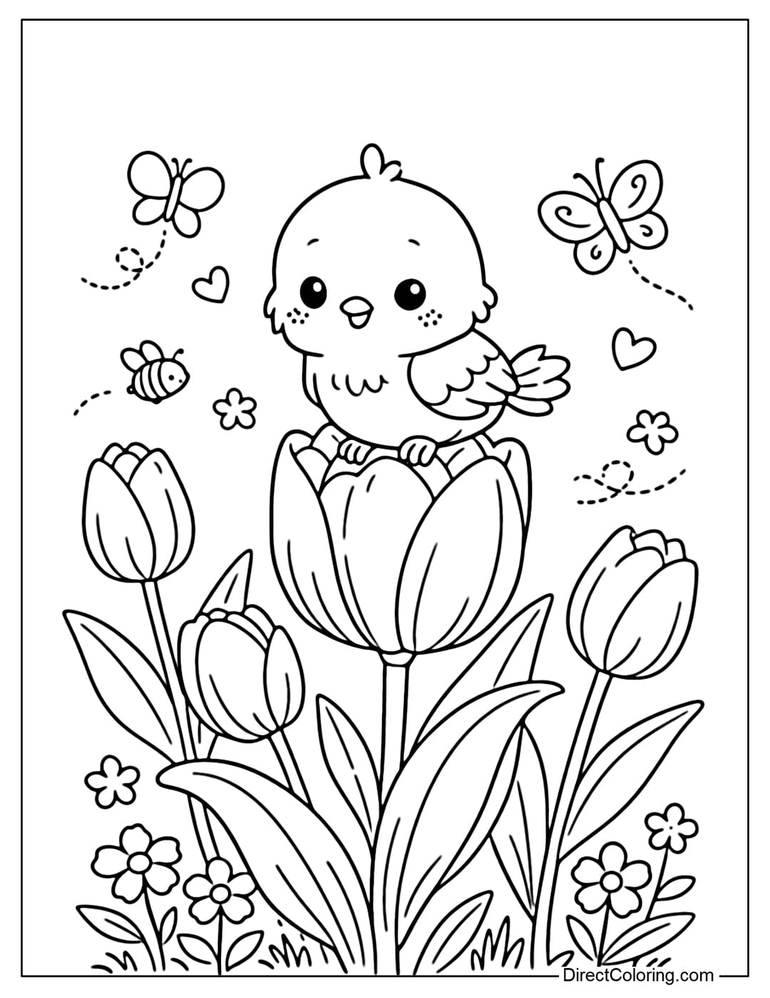 A coloring page of a little bird perched on a tulip branch, in a gentle and adorable style.