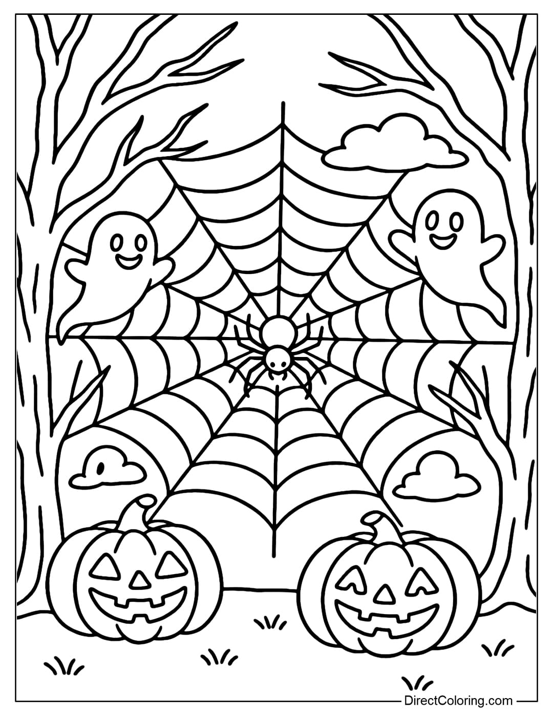 A giant spider web coloring page stretched between two dead trees, surrounded by pumpkins and a few ghosts