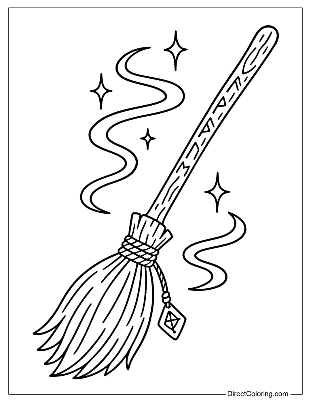 Coloring page of a witch's broom, the wooden handle is carved with runes.