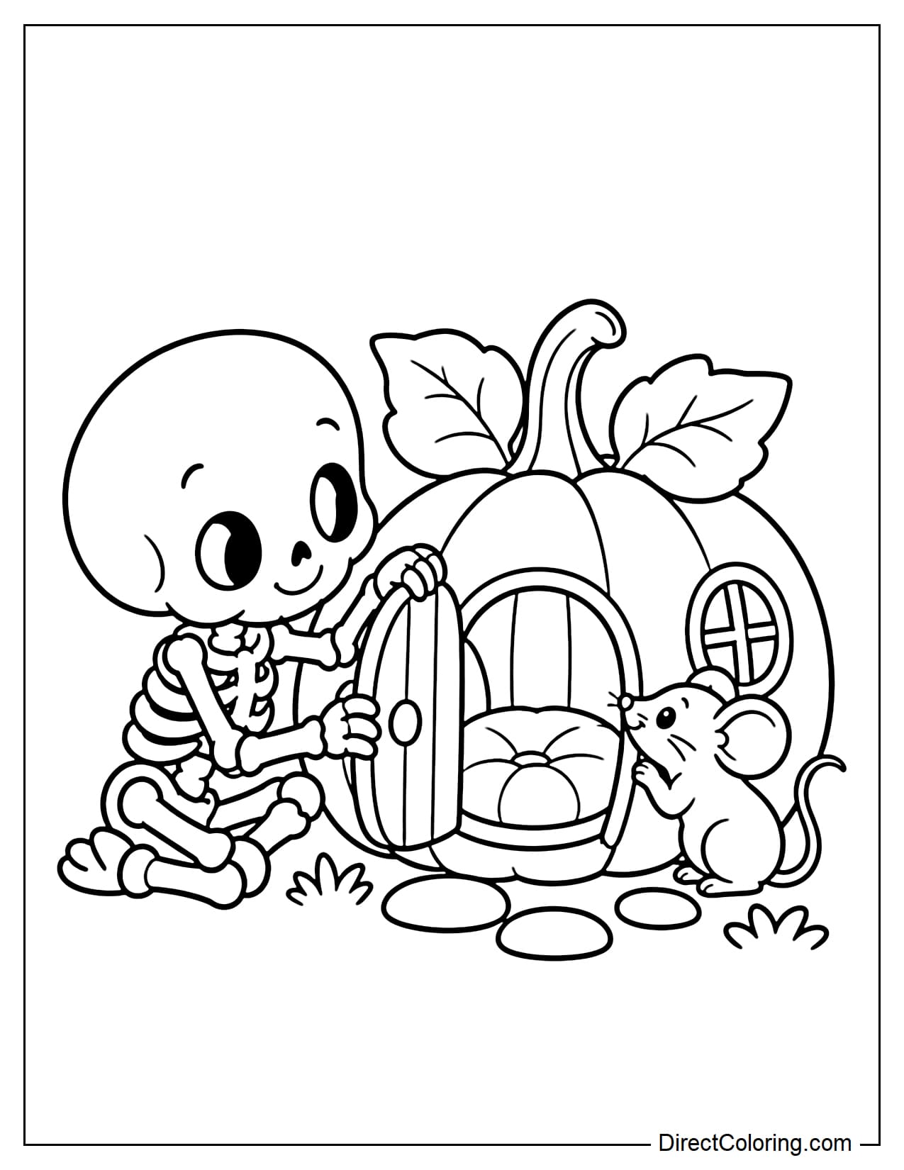 A cute skeleton and a little mouse are sitting outside an open pumpkin house, with a small round cushion visible inside through the open doorway.