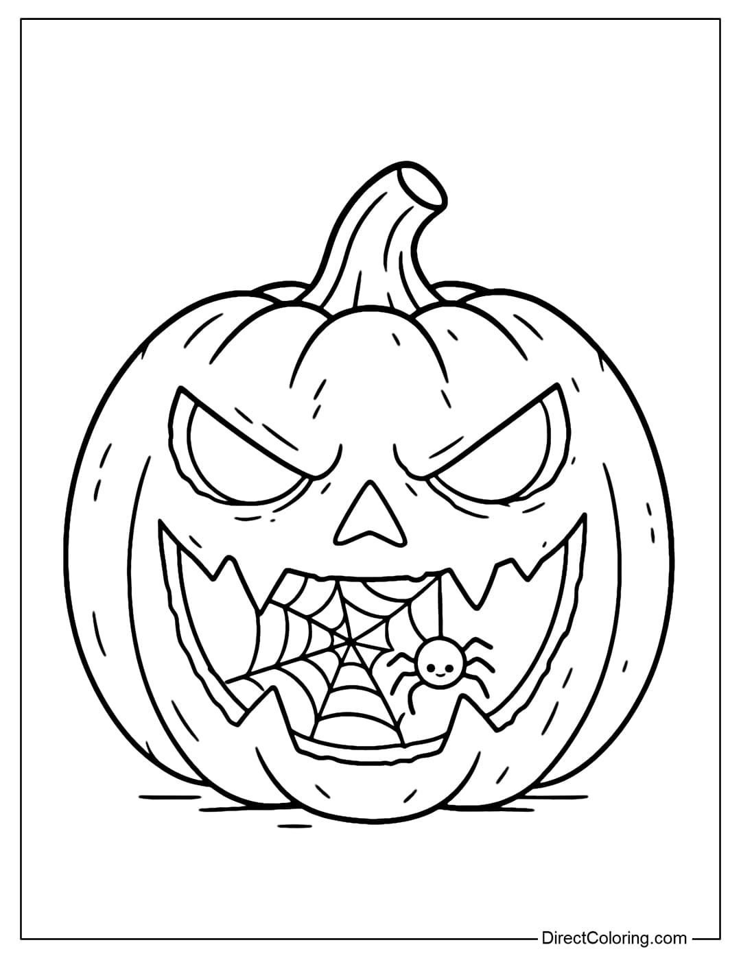 Jack-o'-lantern coloring page with a sharp face, a small spider web in its mouth and a spider crawling out.