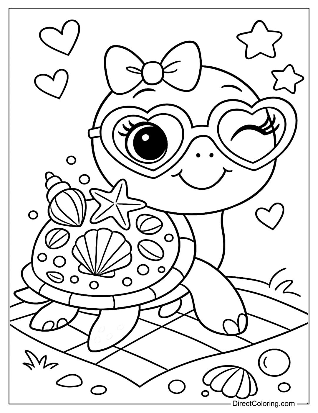 A coloring page of a cute turtle winking and smiling mischievously. He wears large heart-shaped glasses and a pretty bow on his head. On the turtle's shell is a collection of sea shells.
