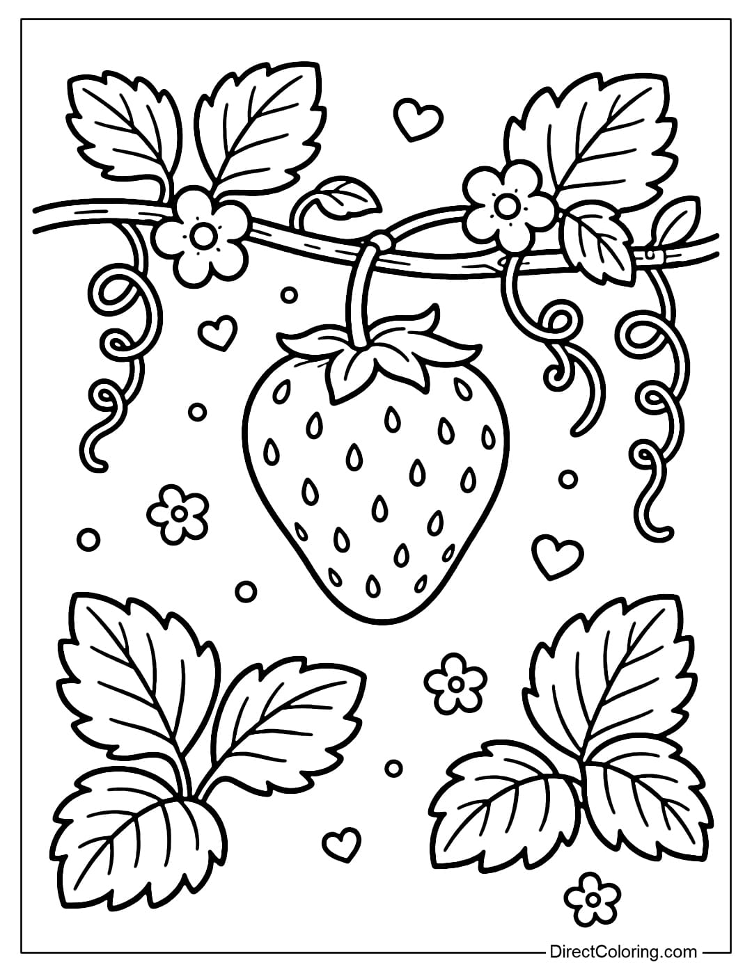 Coloring page of strawberries hanging on a vine with leaves around them.