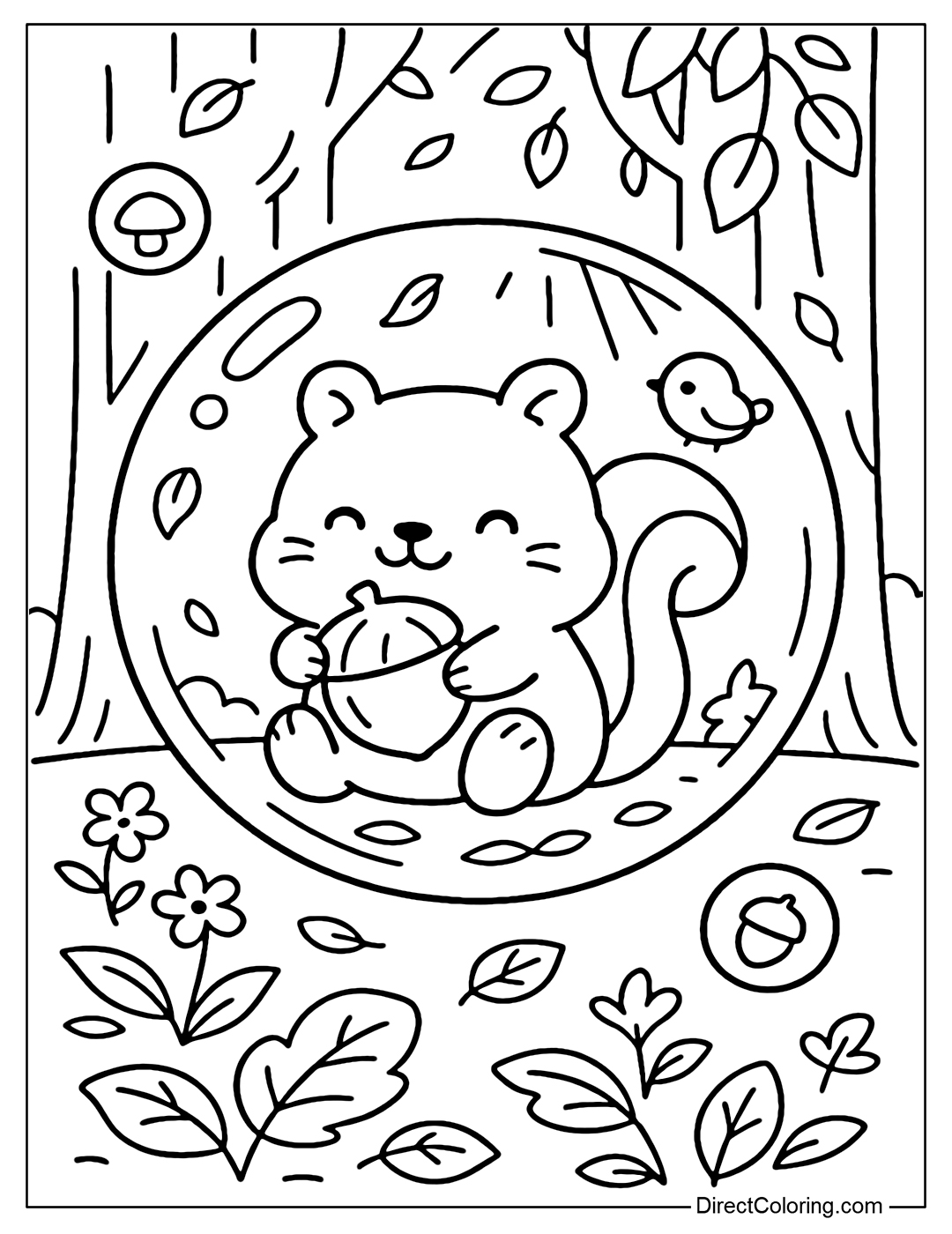 A coloring page of a large soap bubble containing a chubby little squirrel holding a chestnut. Outside the bubble is a forest scene, with a few wild flowers growing in between.