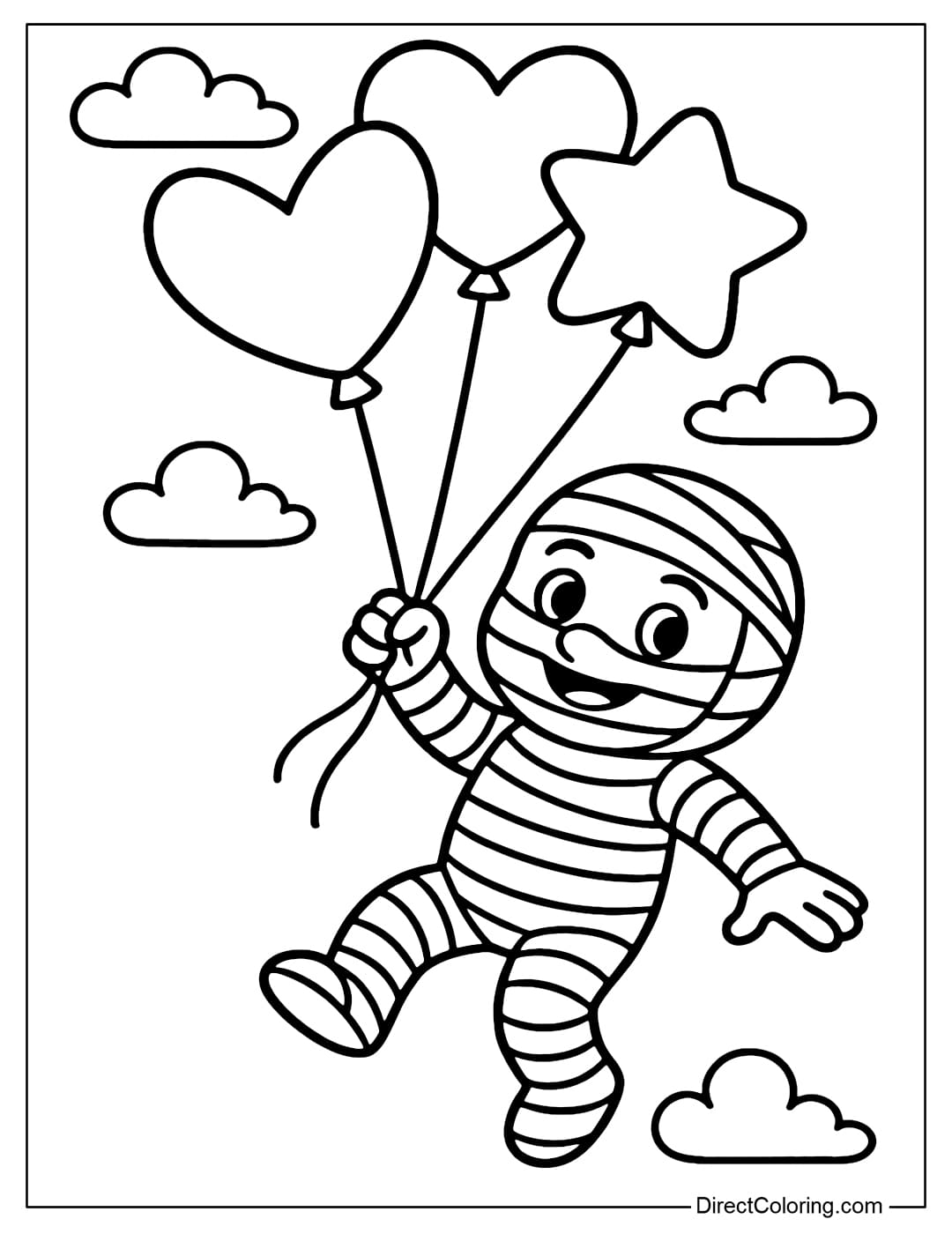A mummy coloring page holding many star-shaped and heart-shaped balloons, floating in the clear white sky.