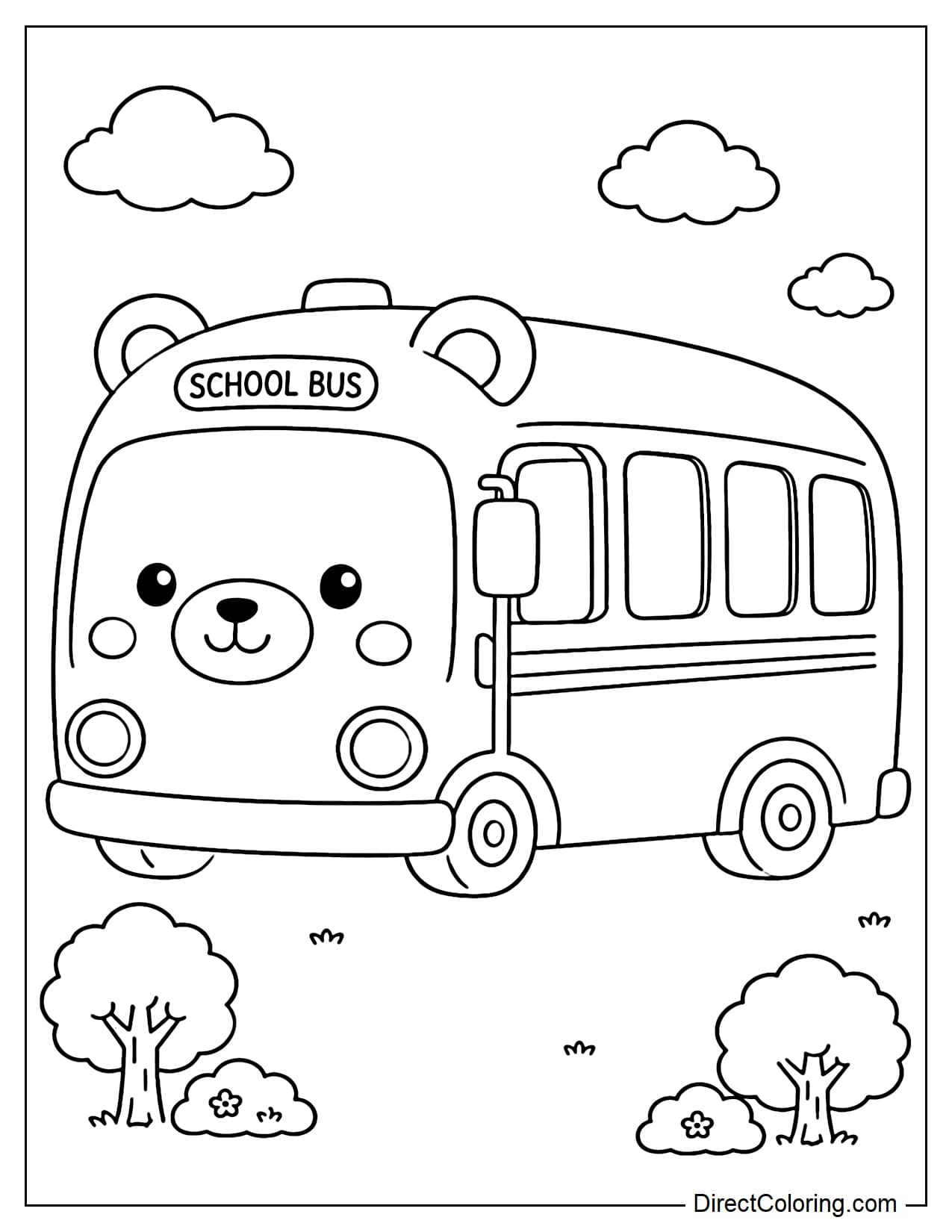 A round school bus resembling a bear, surrounded by clouds and small trees.