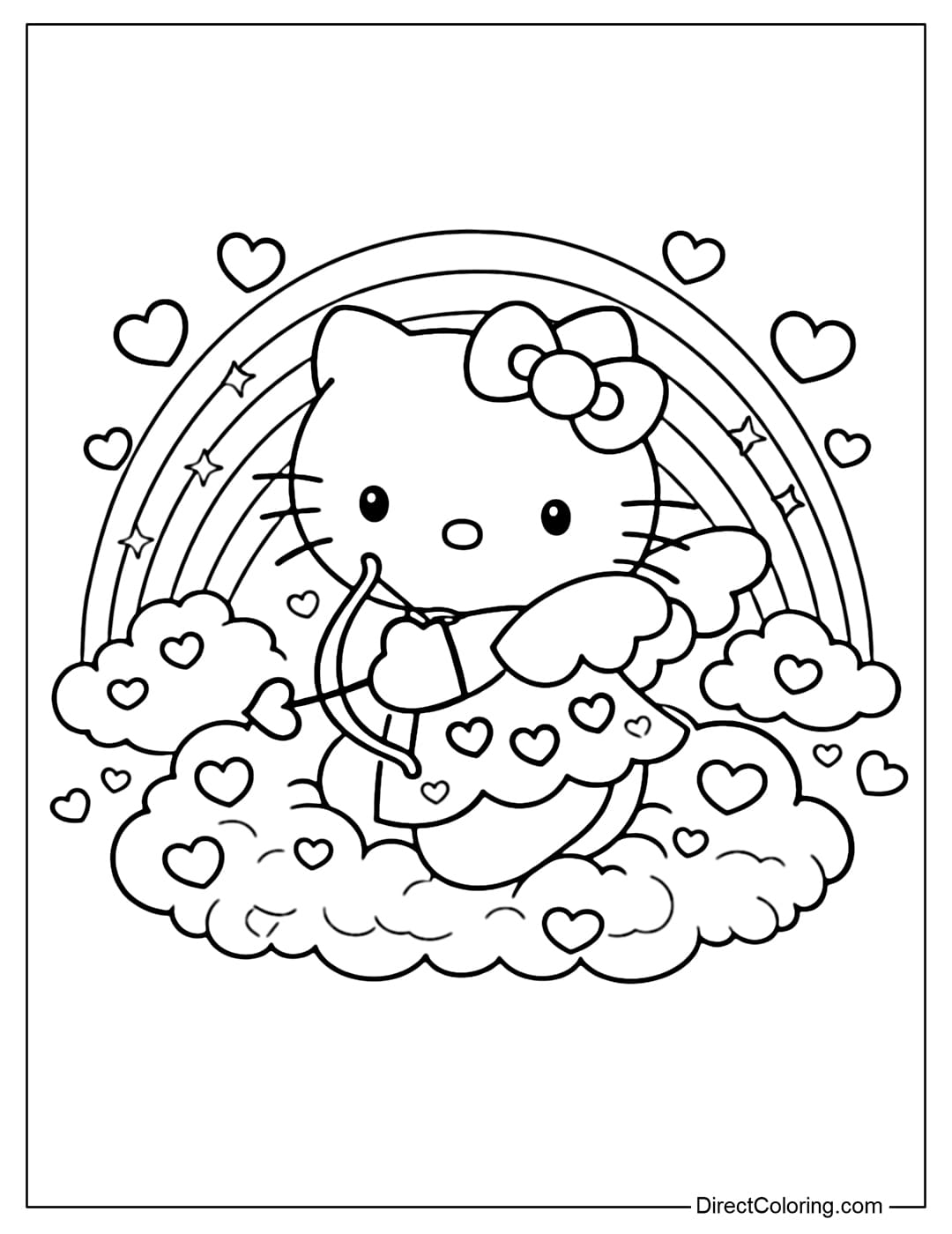 A coloring page with Hello Kitty dressed as Cupid, standing on a cloud, holding a heart-shaped bow and arrow, with a rainbow and many hearts floating around her.