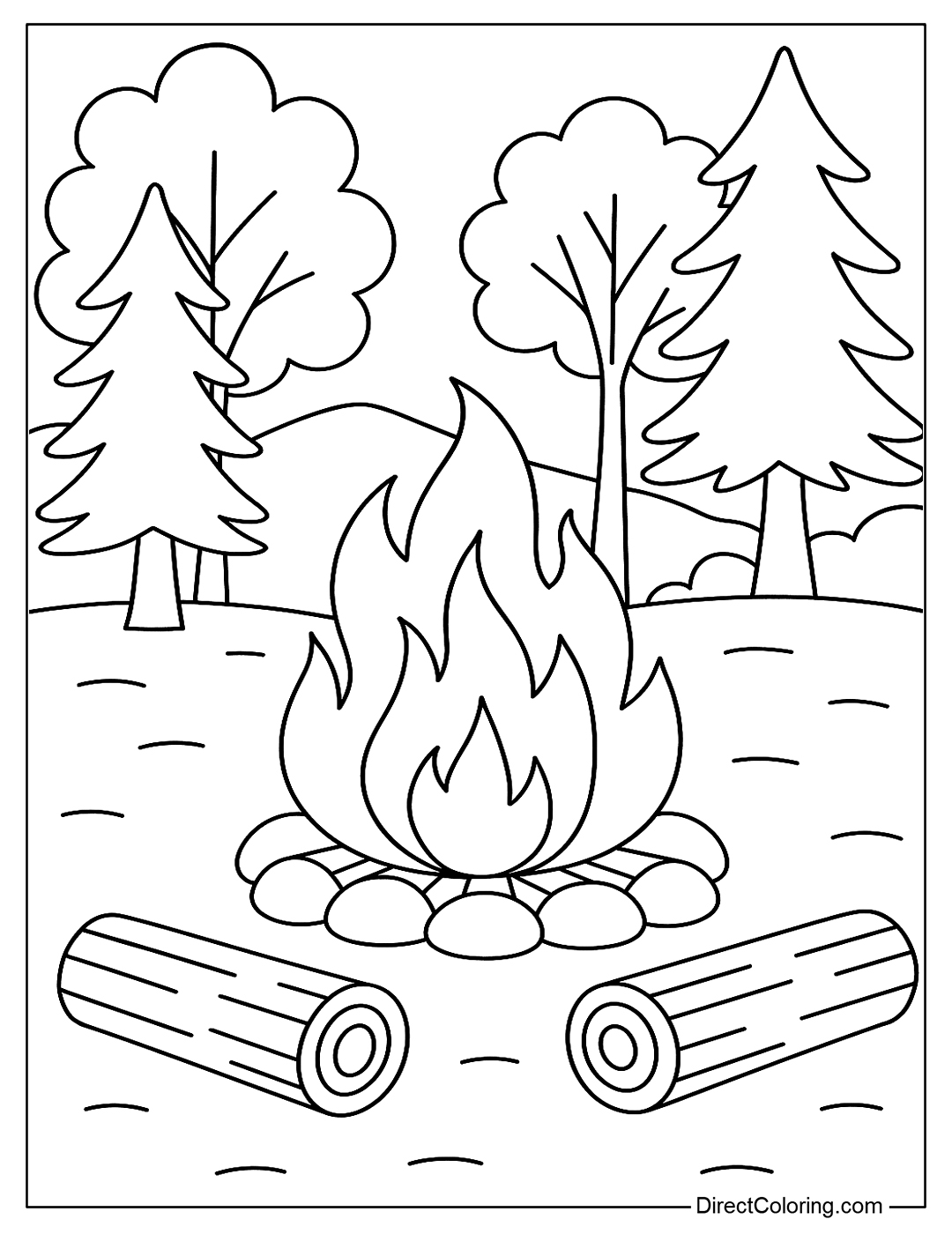 Coloring page of a glowing campfire with trees around and logs to sit on