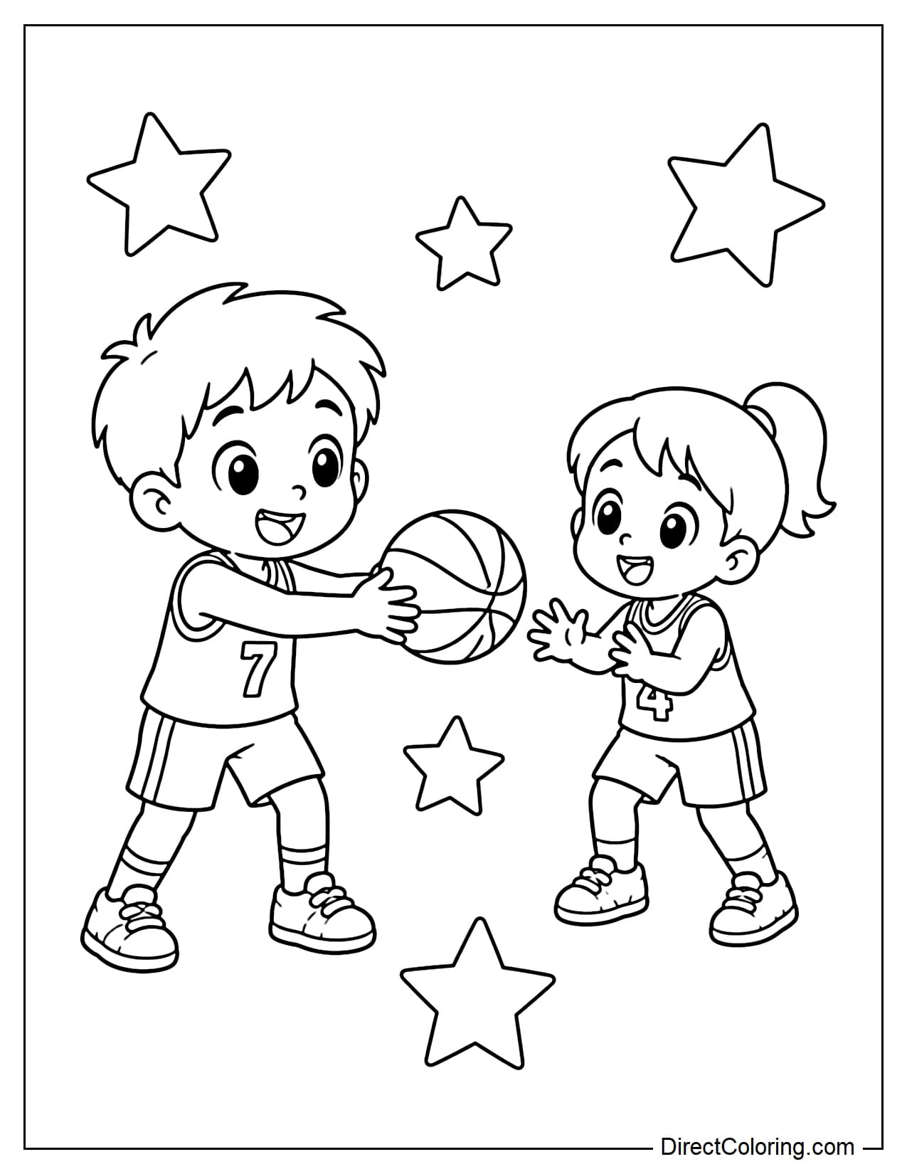 A little child passes the basketball with two hands to the front, with a small teammate waiting for the ball and some stars beside them.