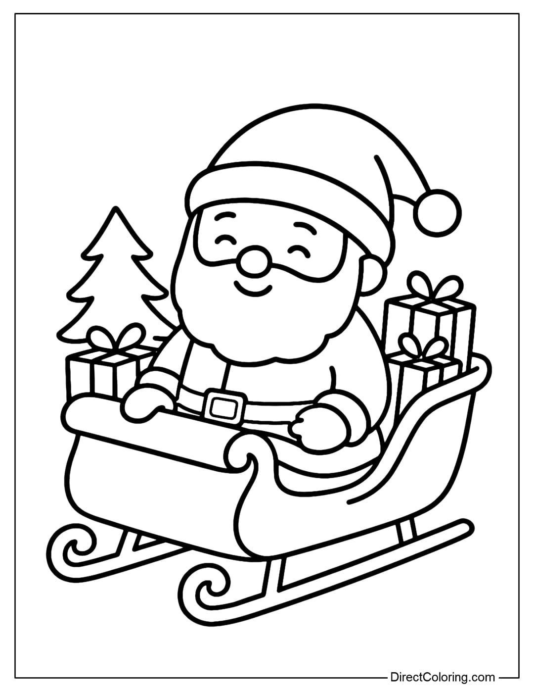 A coloring page of a miniature Santa sitting in a small sleigh, with only a few gift boxes and a mini pine tree.