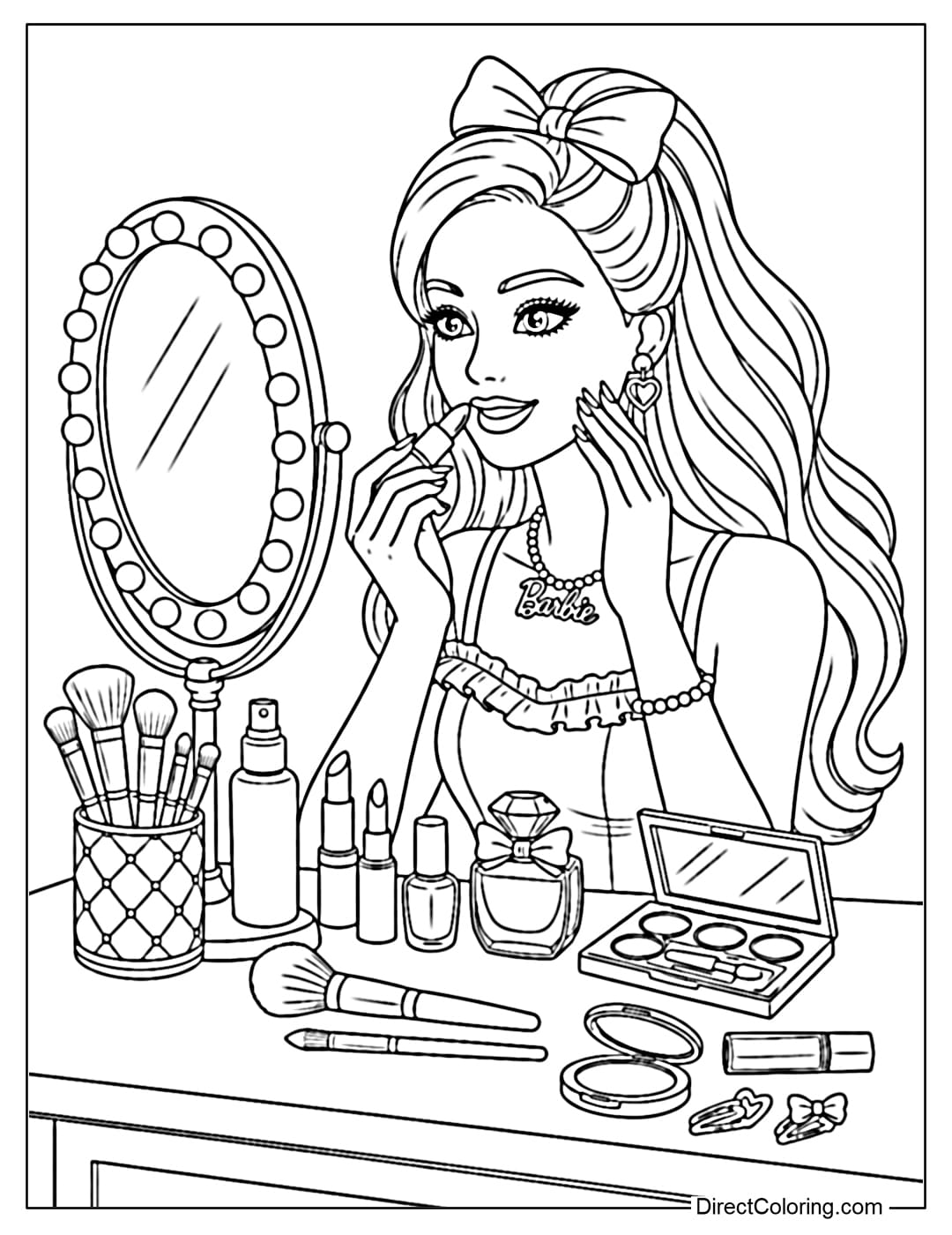 A coloring page of Barbie applying makeup in front of a mirror with various cosmetics.