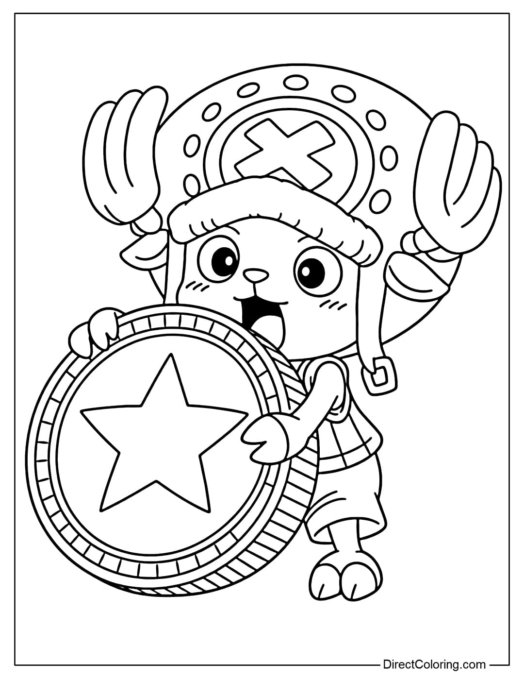 Chopper is holding a gold coin larger than himself, with a surprised and amused expression on his face.