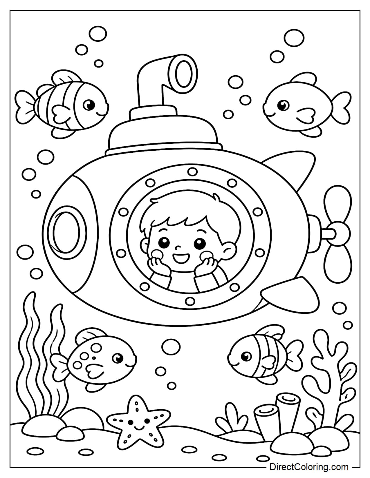 A cute little submarine with a round window, inside a little friend is watching fish swimming around.