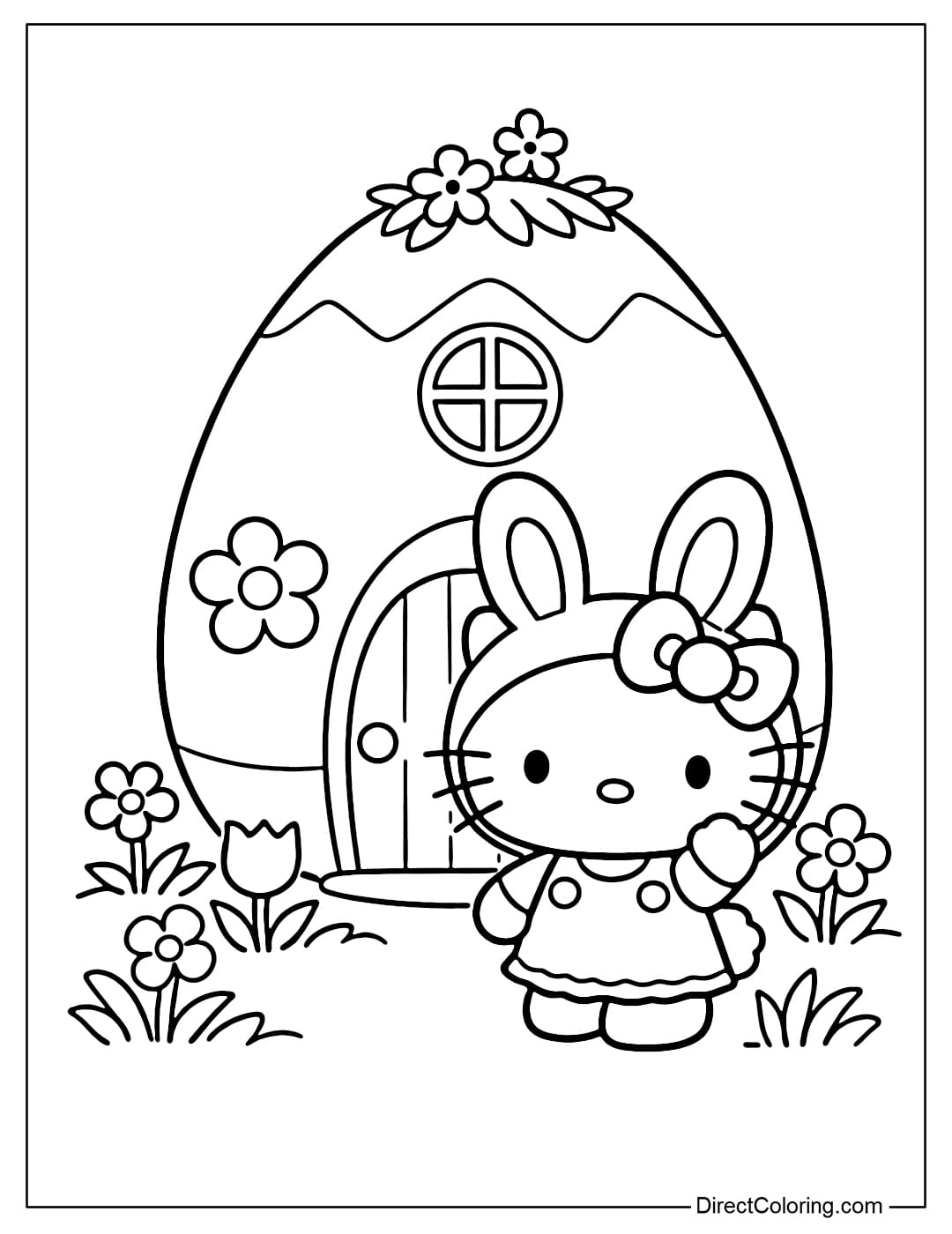 Hello Kitty, wearing cute bunny ears, is standing in front of a large Easter egg-shaped house, surrounded by flowers and grass.