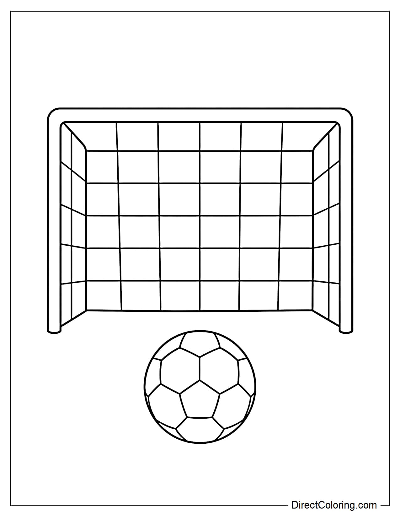 A large soccer goal with a clear net and the ball positioned directly in front of the goal.
