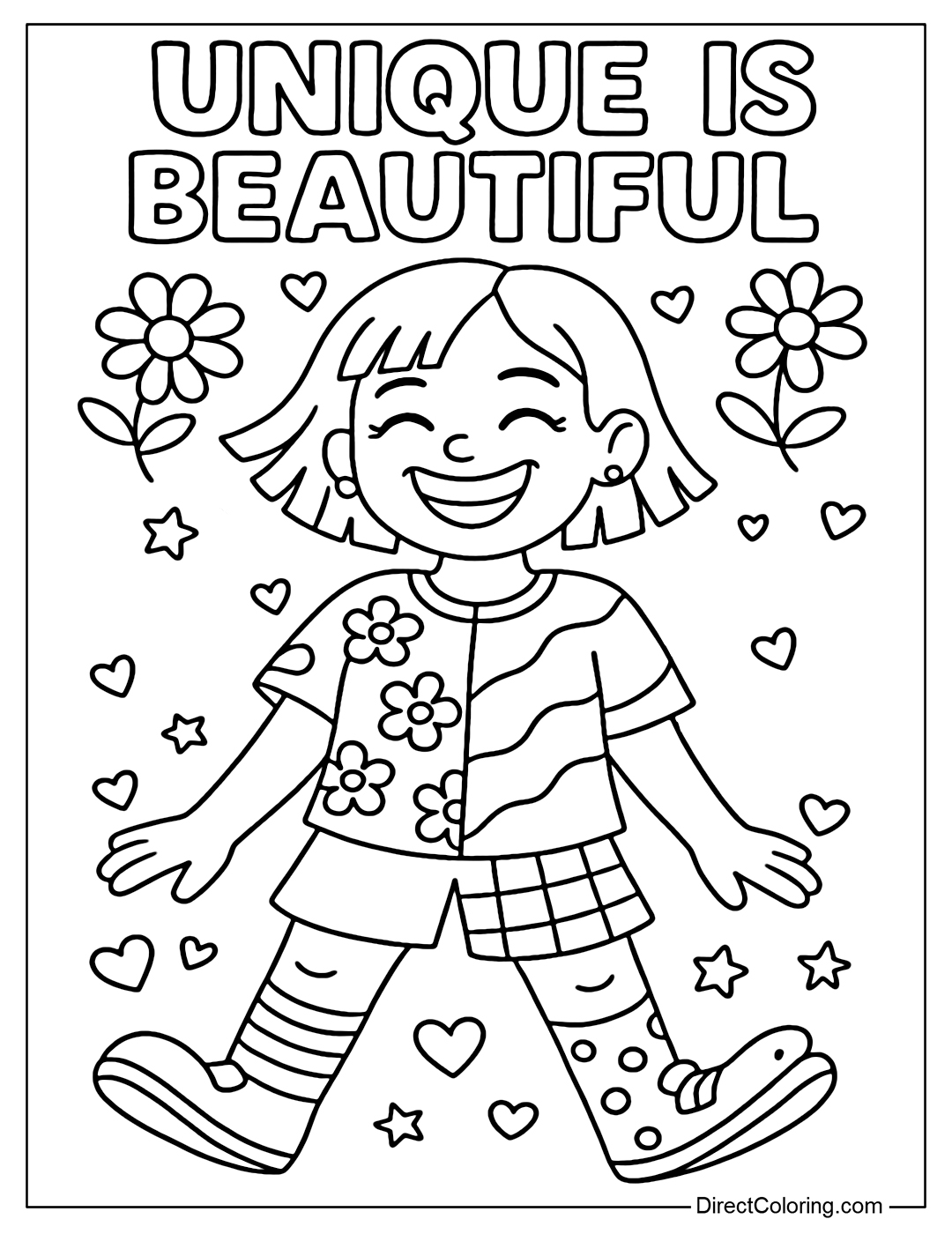 Coloring page of a girl with uneven hair on both sides, wearing socks of different colors, different patterns, wearing a shirt with asymmetrical patterns. She smiles brightly.
