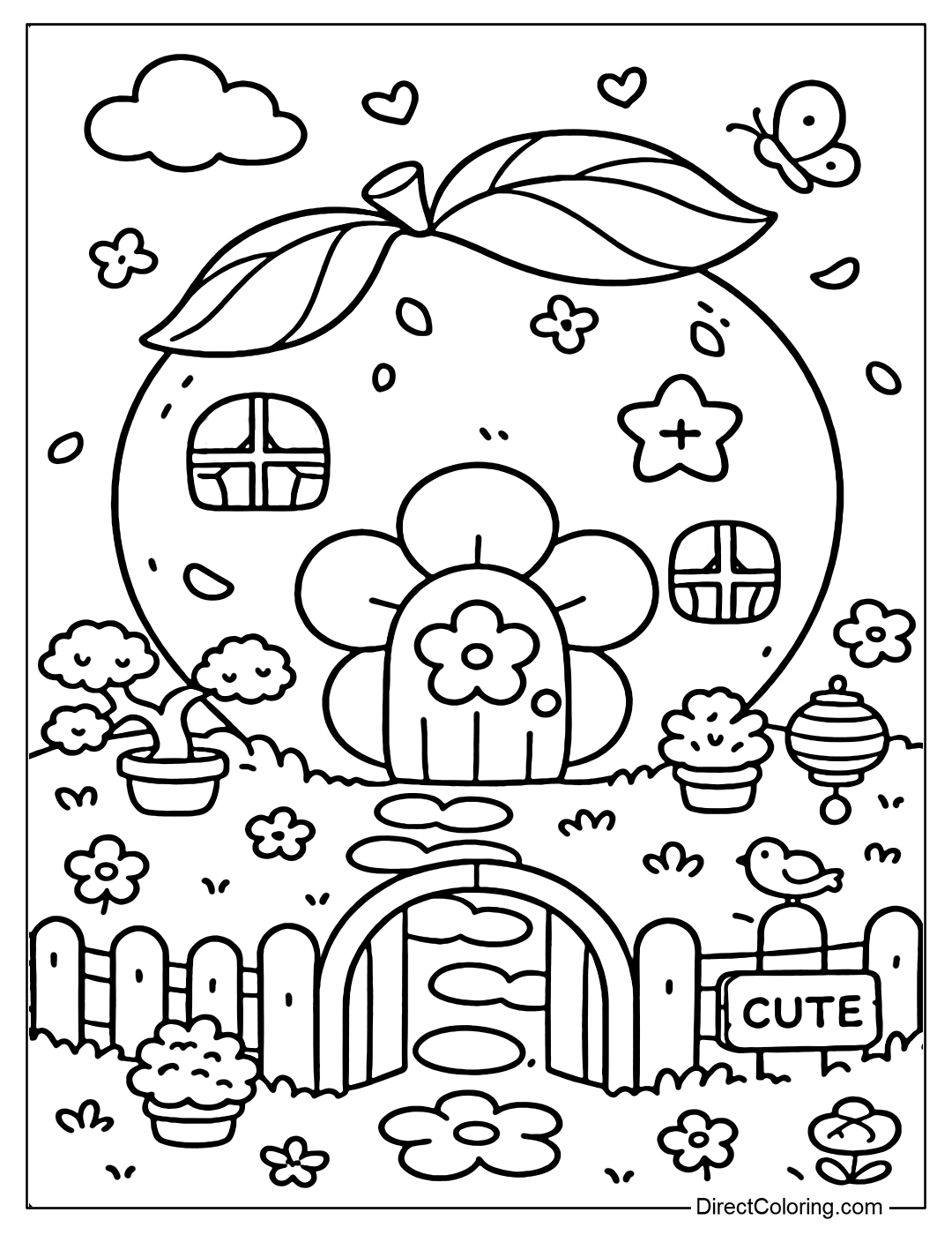 Peach house coloring page with soft thatched roof, peach blossom shaped door and front yard with curved fence.
