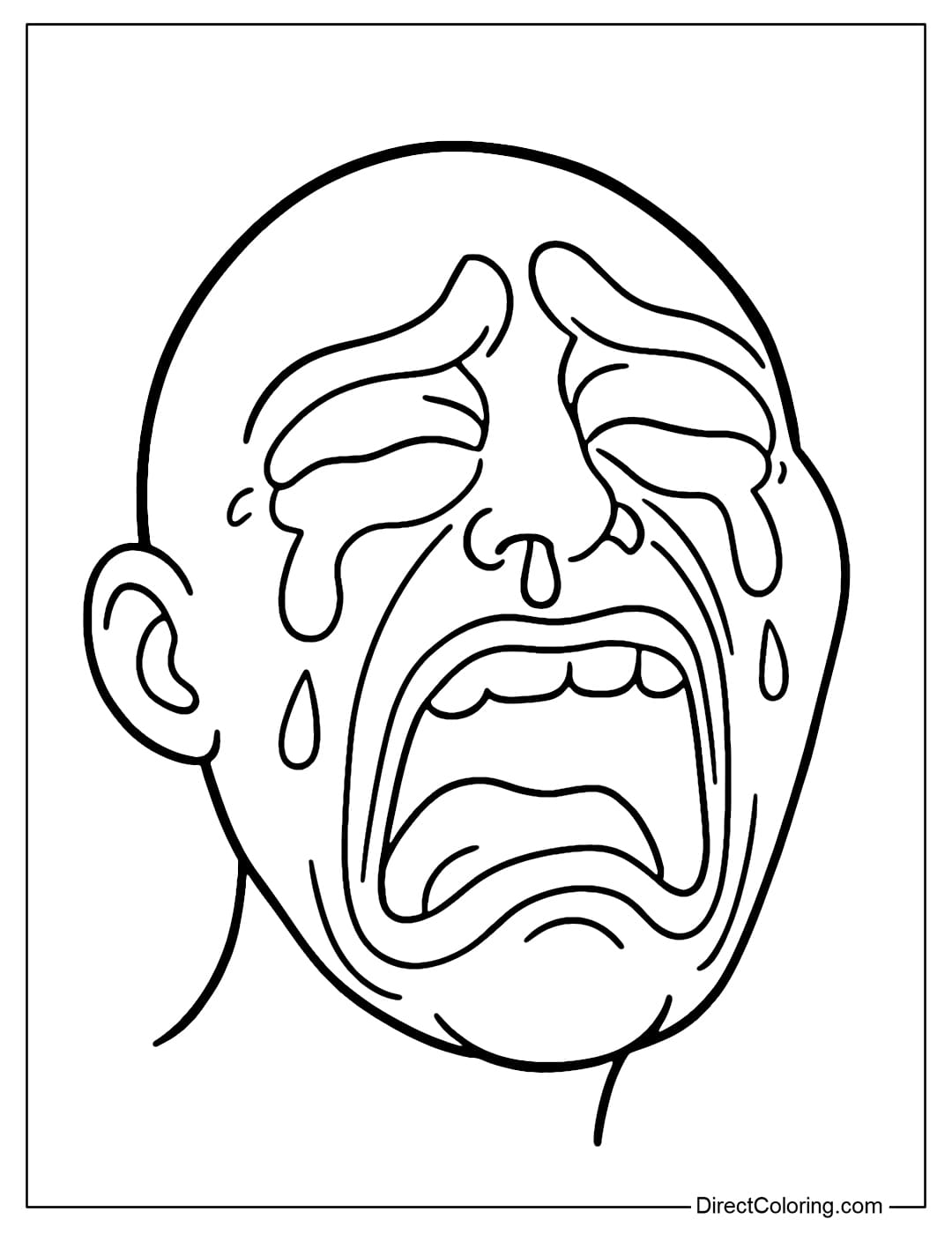 A coloring page of a character crying badly: runny nose, puffy eyes, strangely wide open mouth, both pitiful and funny.