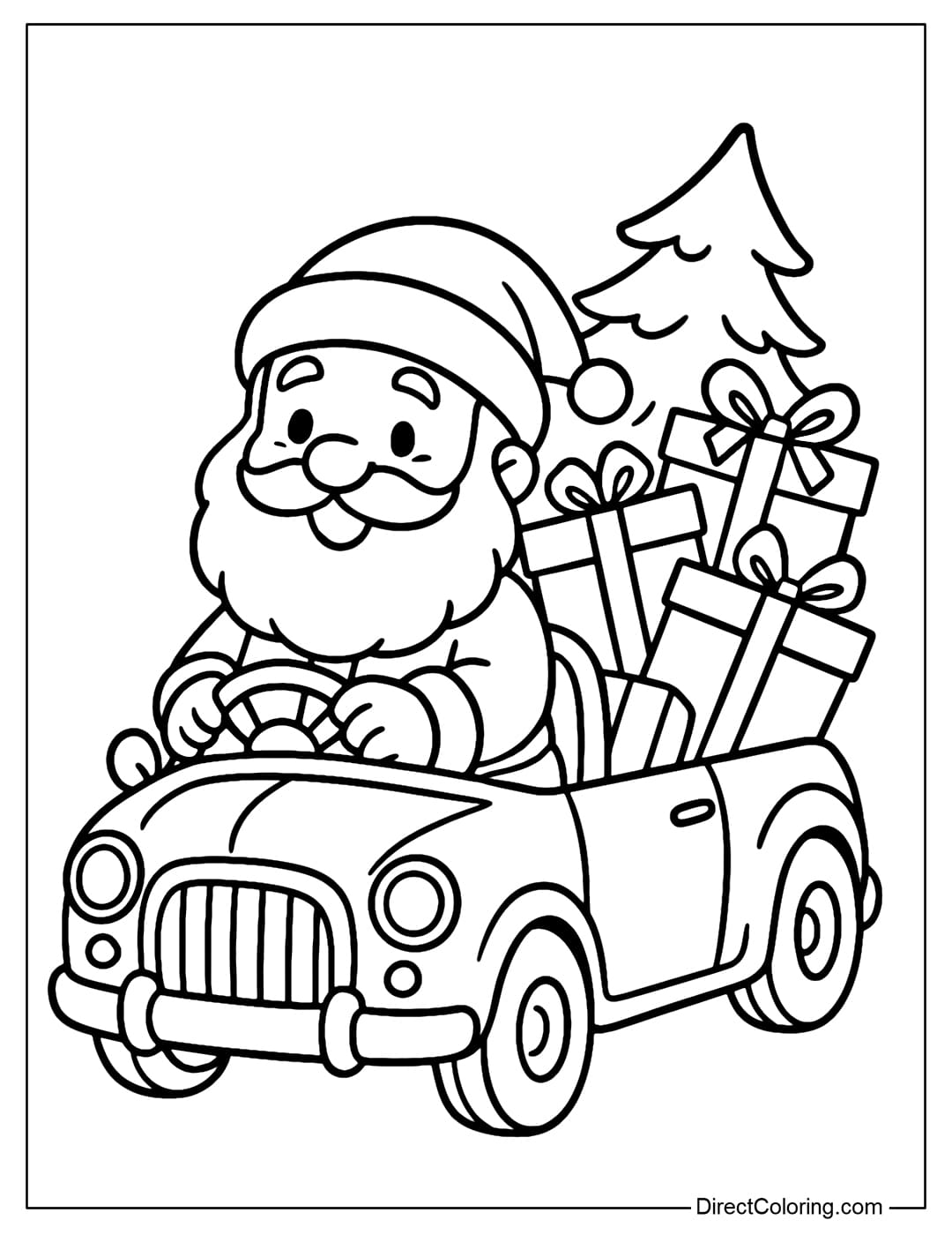 Coloring page of Santa Claus driving a small classic car. Behind the car is a small Christmas tree and some gift boxes.