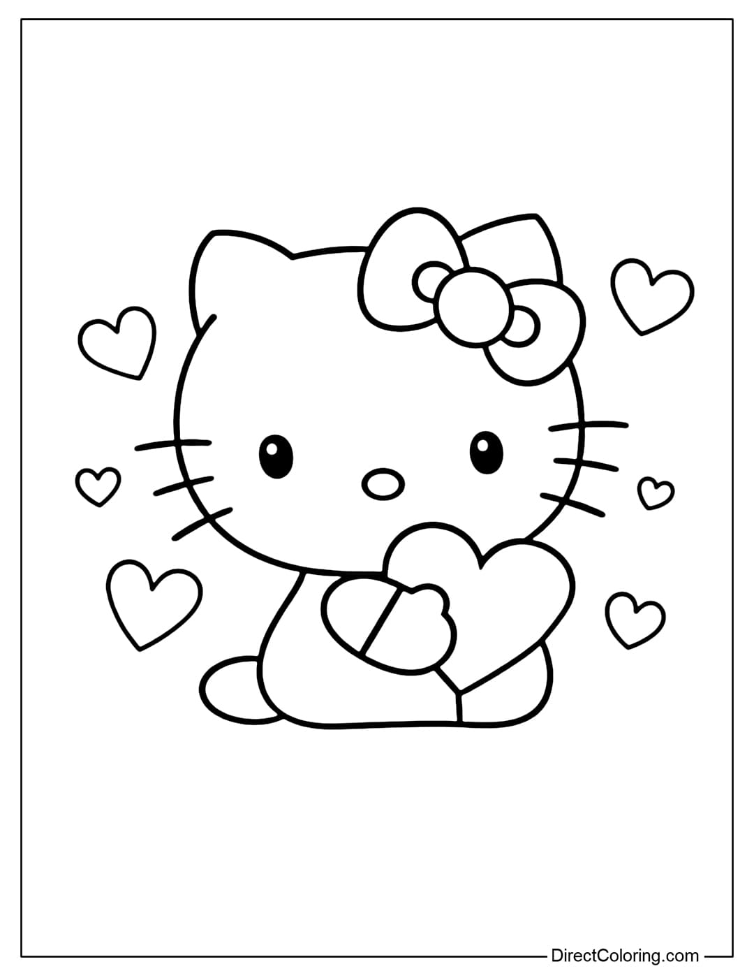 A coloring page of Hello Kitty sitting and holding a large heart in her arms, surrounded by many small hearts.