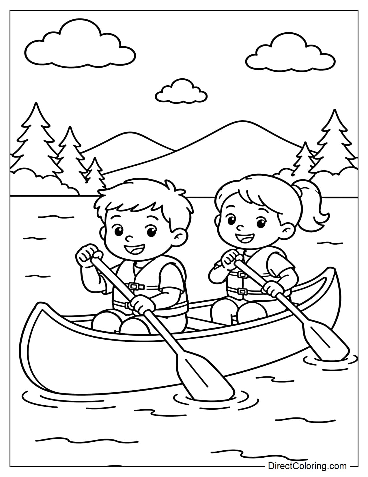 Two children wearing life vests are paddling a canoe on the lake at the summer camp, surrounded by ripples on the water, low mountains, and forest trees in the distance.