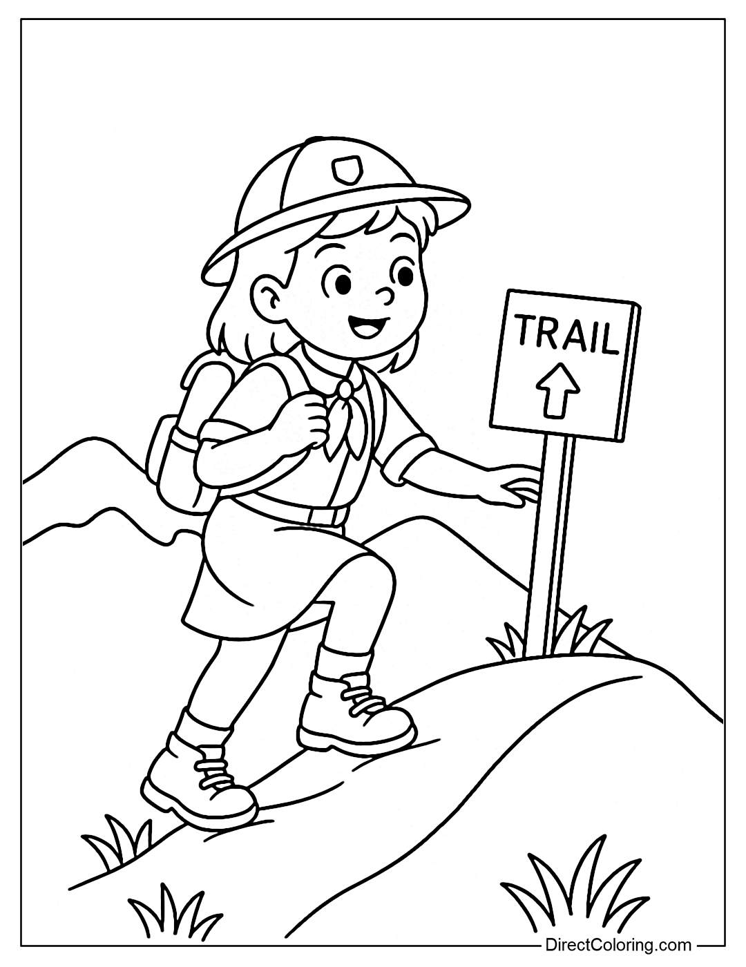 A coloring page of a girl wearing a scout uniform, carrying a backpack, and climbing a hill with a sign that says 