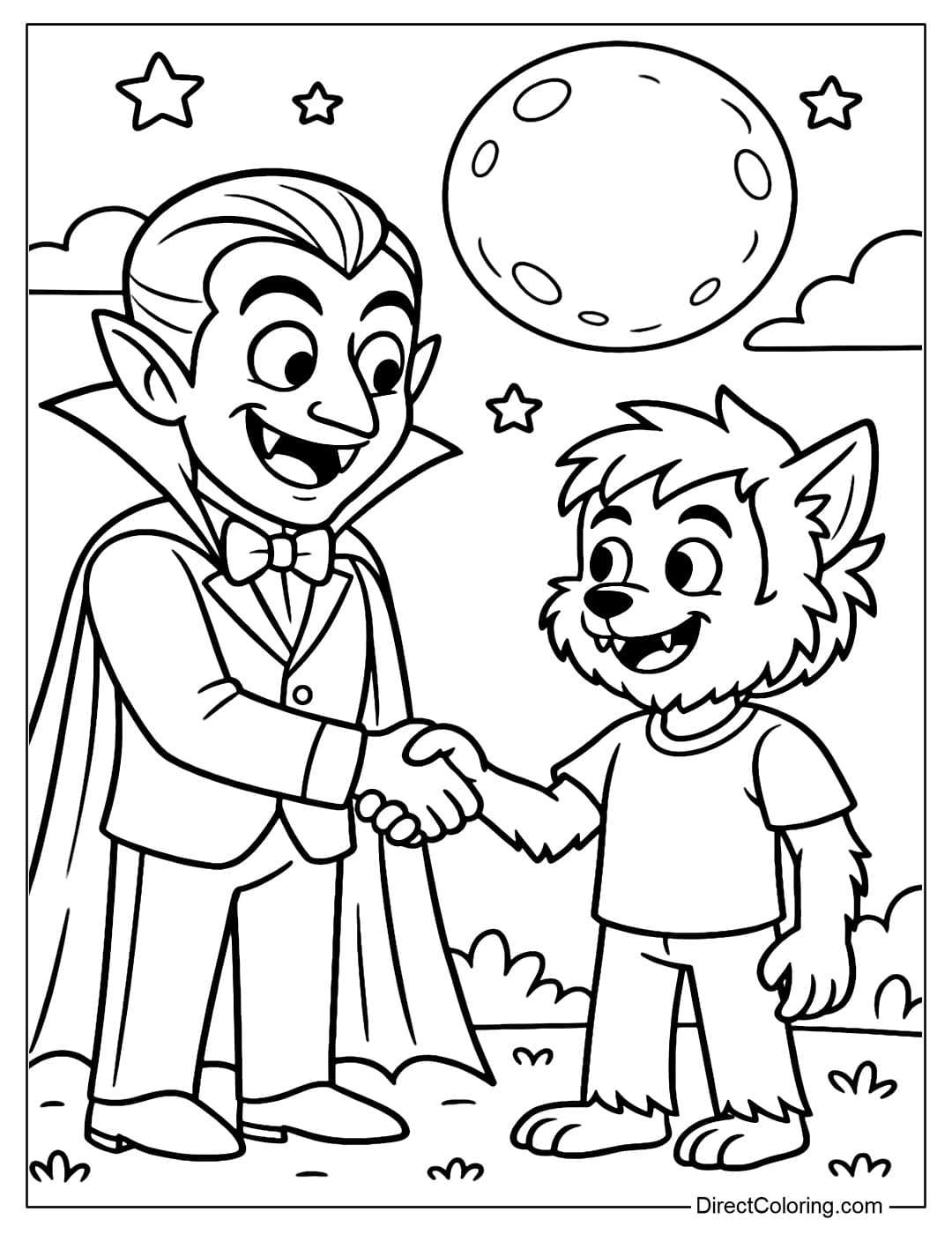 Vampire and Werewolf Friends Coloring Page A vampire coloring page shaking hands with a little werewolf, both laughing under the moonlight.