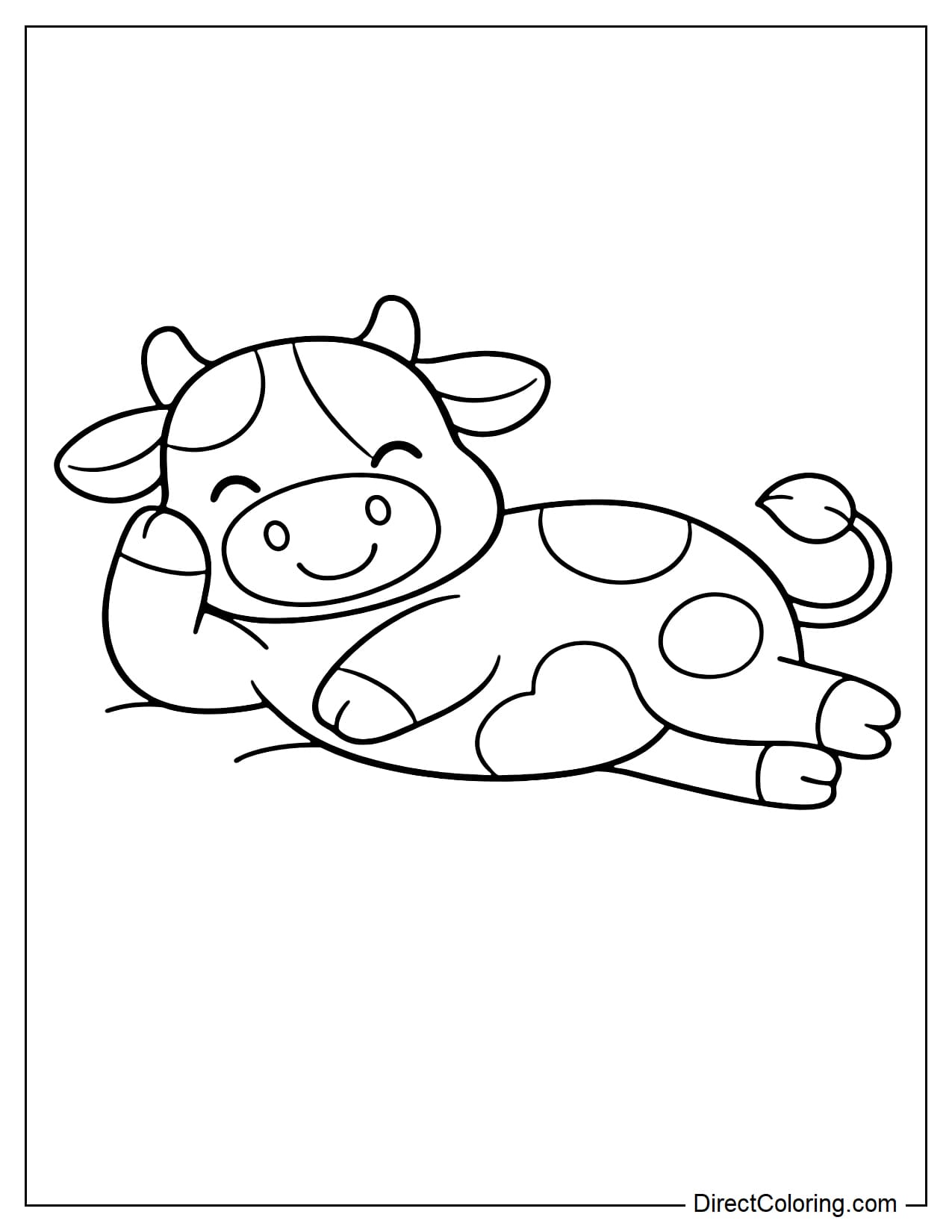 A cow lying relaxed on the ground in a comfortable position, with a large, easy-to-color shape.