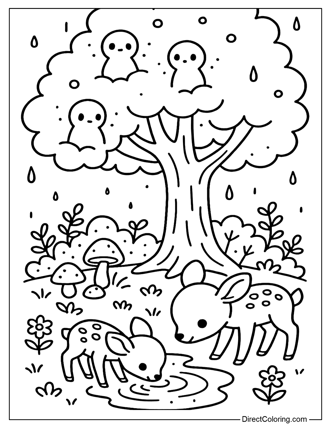 Rainy forest coloring page, on the branches there are small spirit-shaped light spots (fantasy element), under the tree there are glowing mushrooms, some little deer are drinking water from the rain puddle.