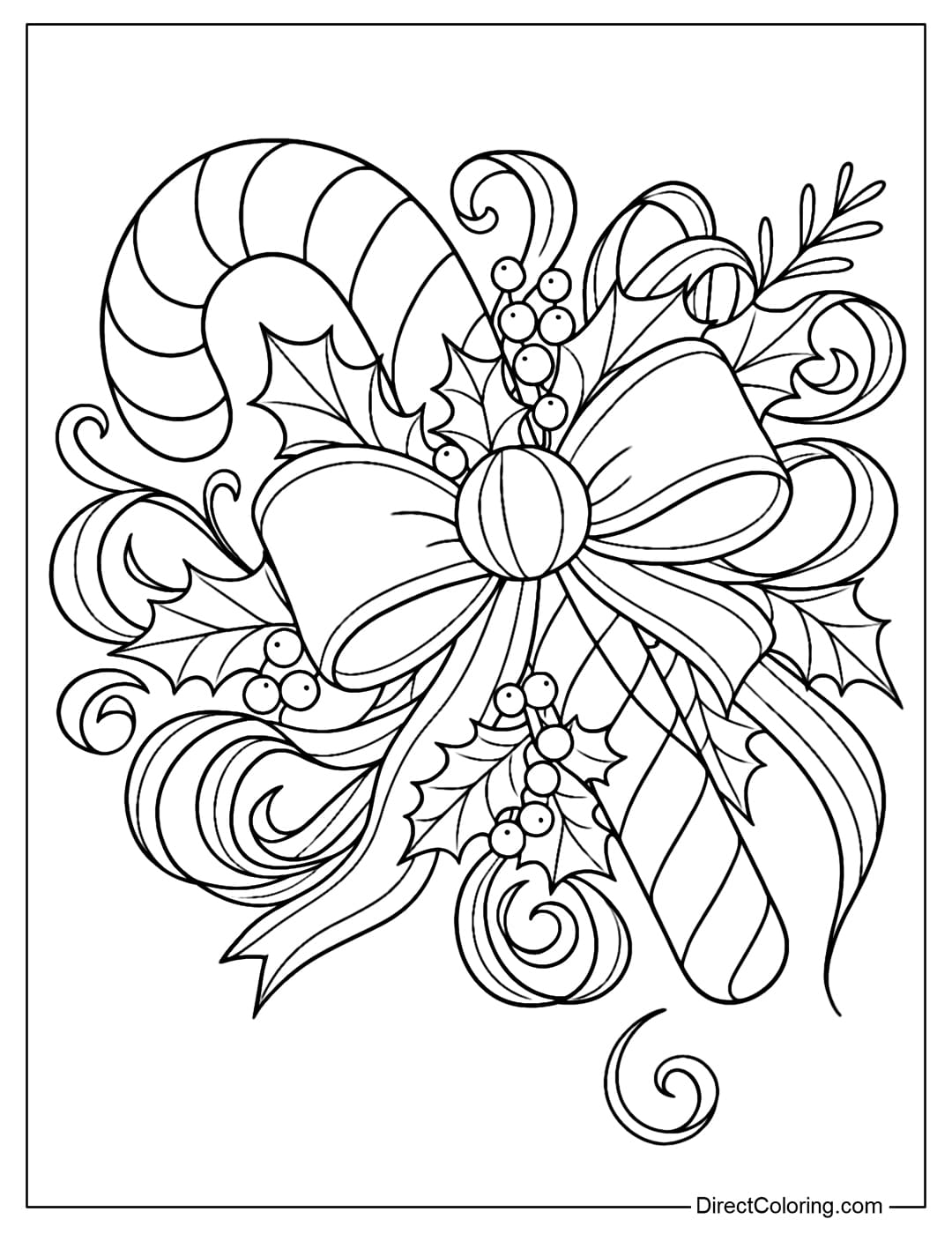 Coloring page of a large striped candy cane decorated with a large, soft, curvy silk bow, surrounded by holly leaves and a bunch of berries.