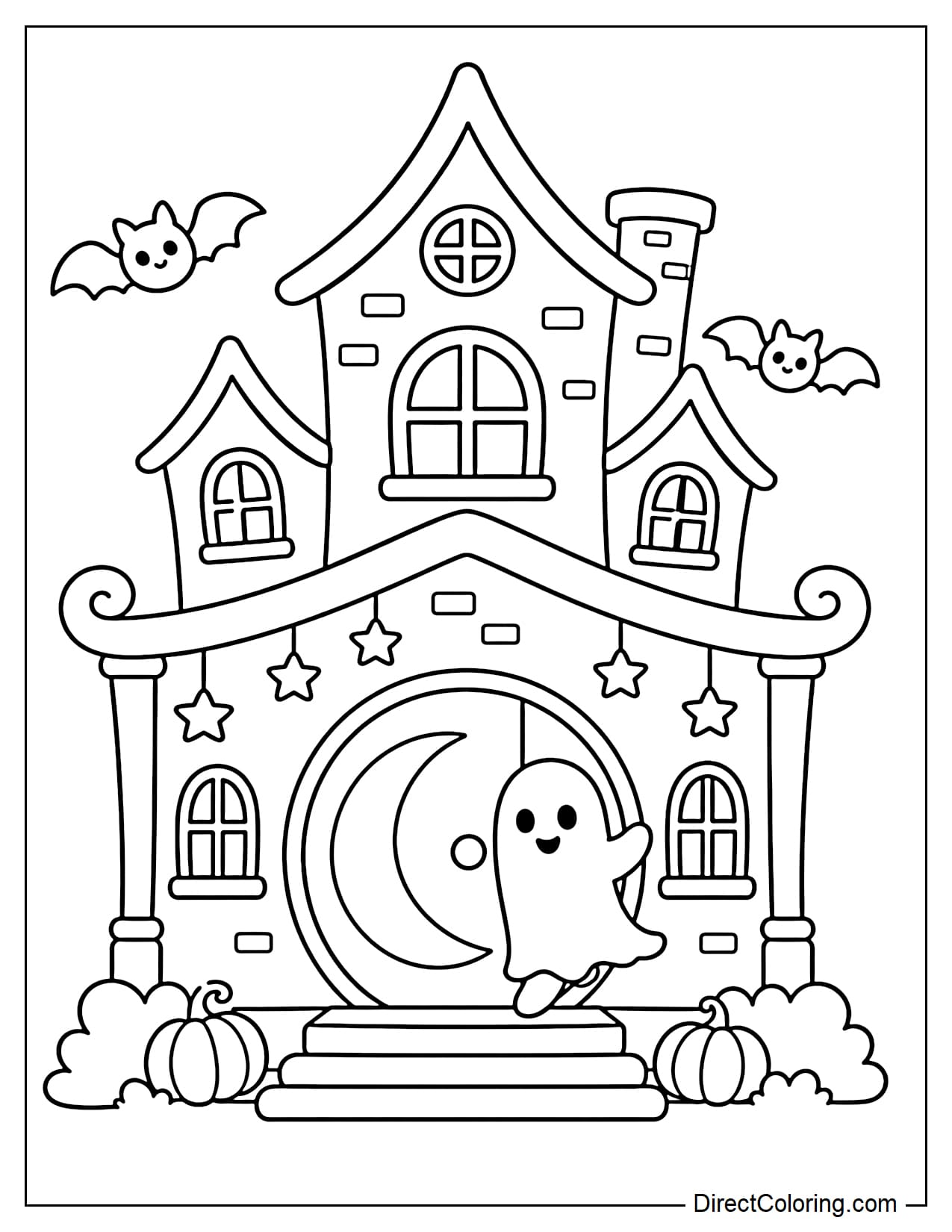 A haunted house features a large round doorway shaped like a crescent moon. Above it is a curved roof with a few hanging stars, while a small ghost steps out through the unusual entrance.