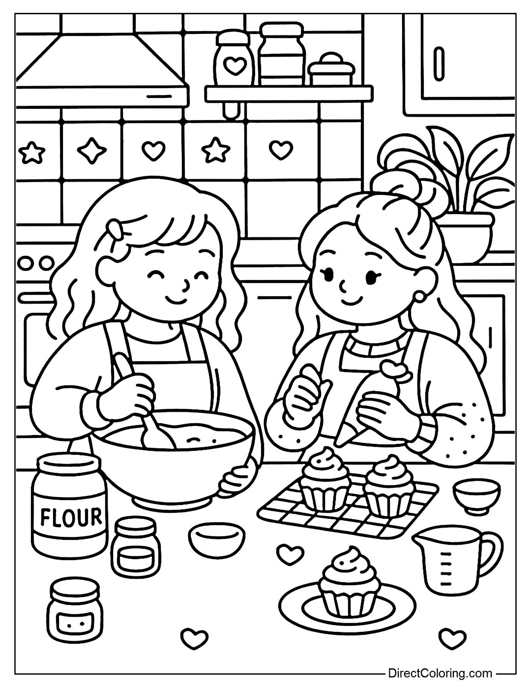 Coloring page of two girls baking in the kitchen, one mixing the dough, the other decorating the cupcakes.