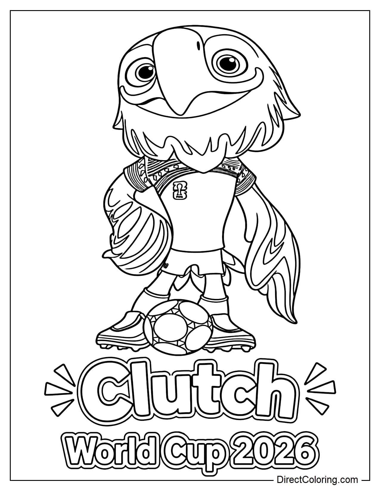 The 2026 World Cup mascot, Clutch – a cartoon bald eagle – stands in the center in a soccer uniform, one paw resting lightly on the soccer ball and its wings in a confident, cheerful pose. Below is the large text 
