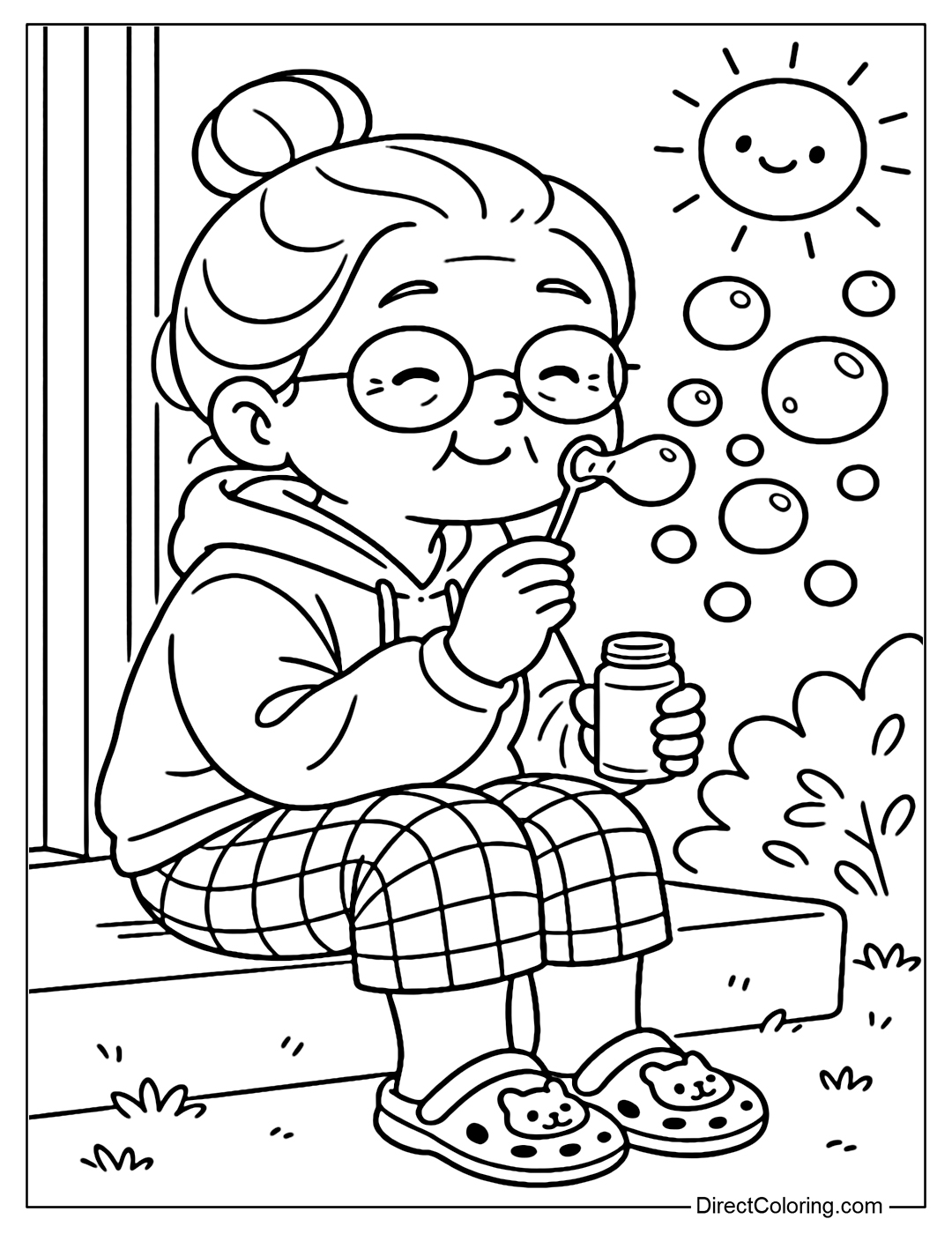 Coloring Page Grandma sits on the steps of the house, holding a bottle of soap bubbles in her hand, blowing out sparkling balls.