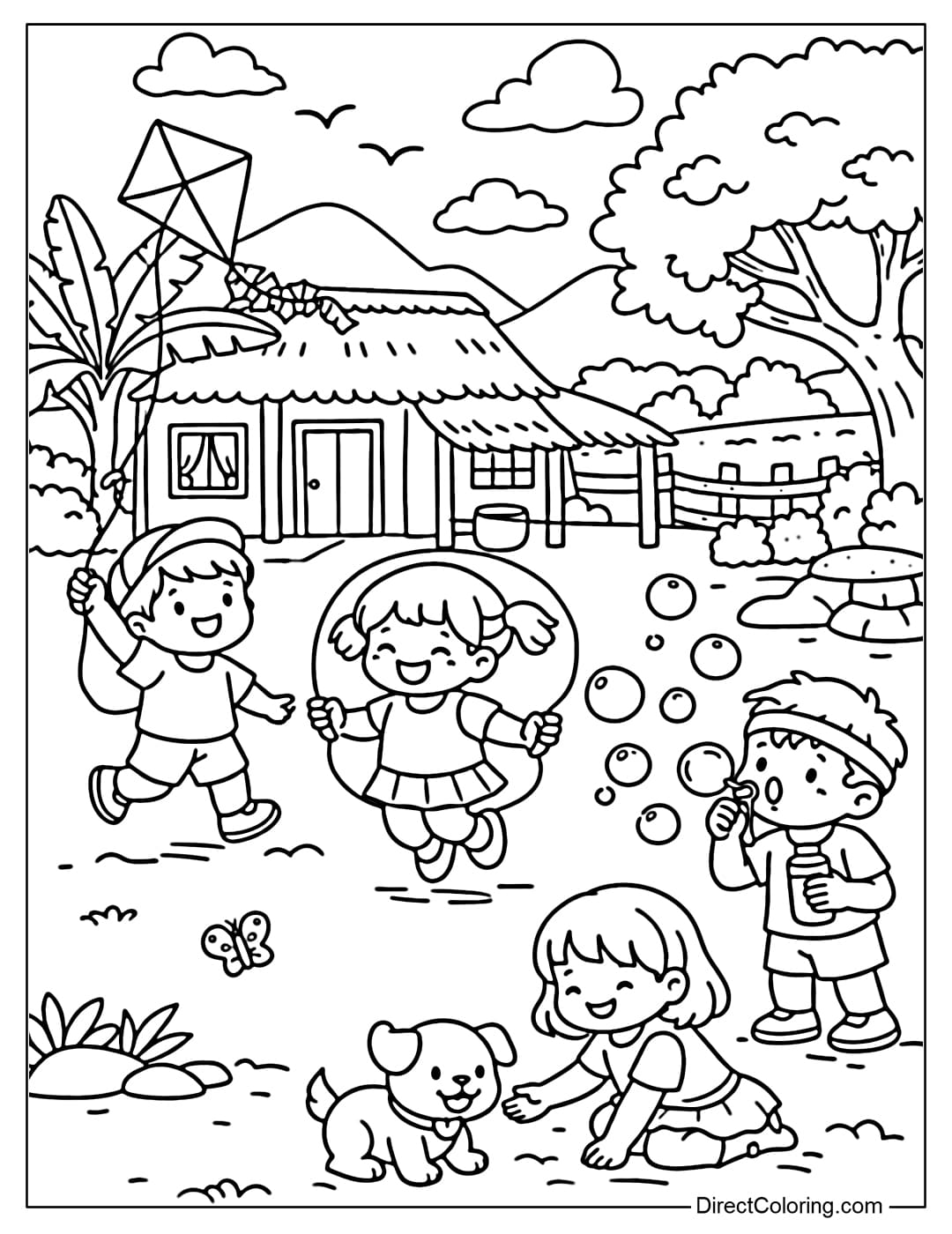 Coloring page of children playing in front of a house in the village with a fun scene.