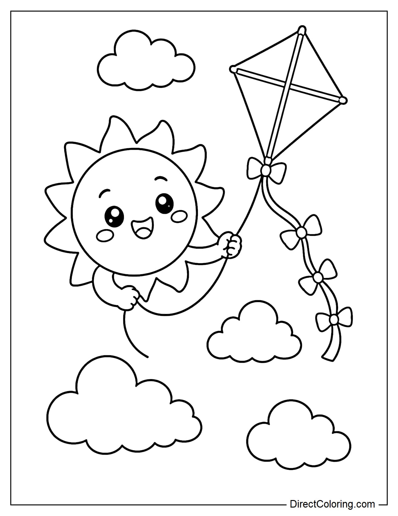 A cute sun is flying a kite in the summer sky with some fluffy clouds.