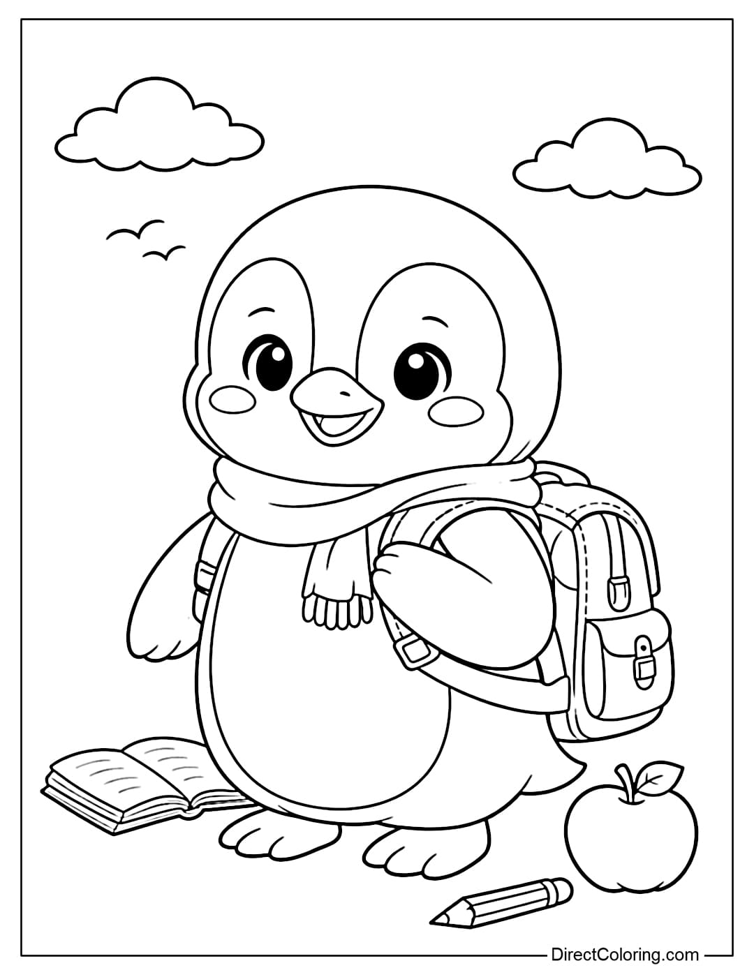 A coloring page of a penguin wearing a small backpack, standing upright, smiling, in a cute school-style pose.