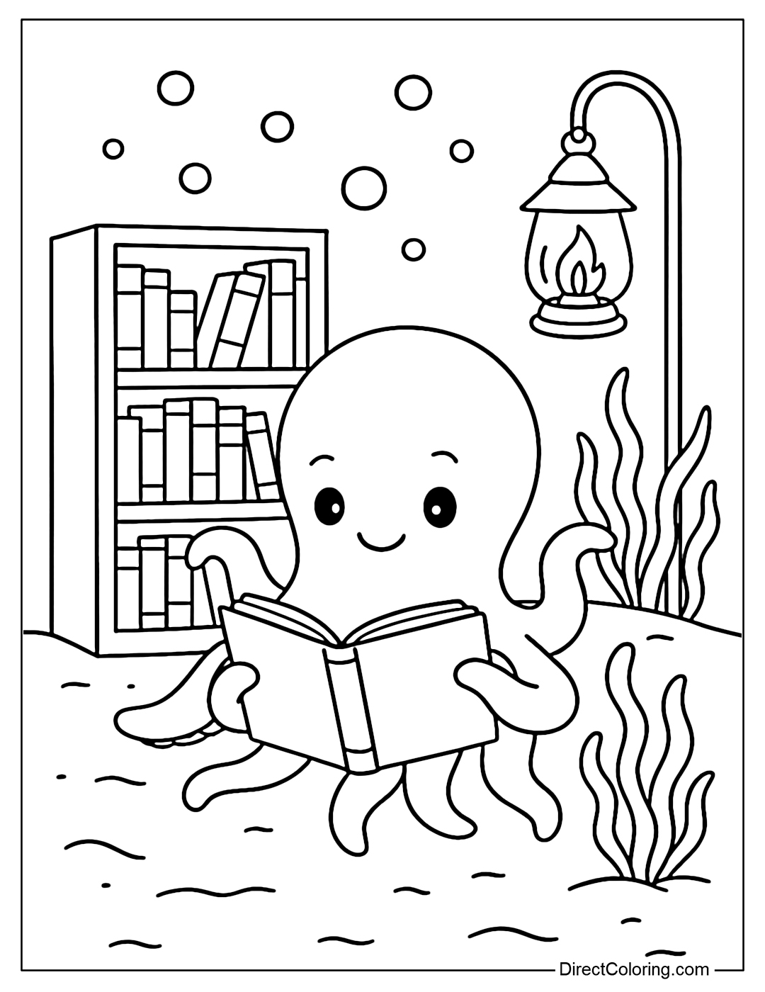 Coloring page of an octopus reading a book in a library at the bottom of the sea, with a bookshelf and a lighthouse.