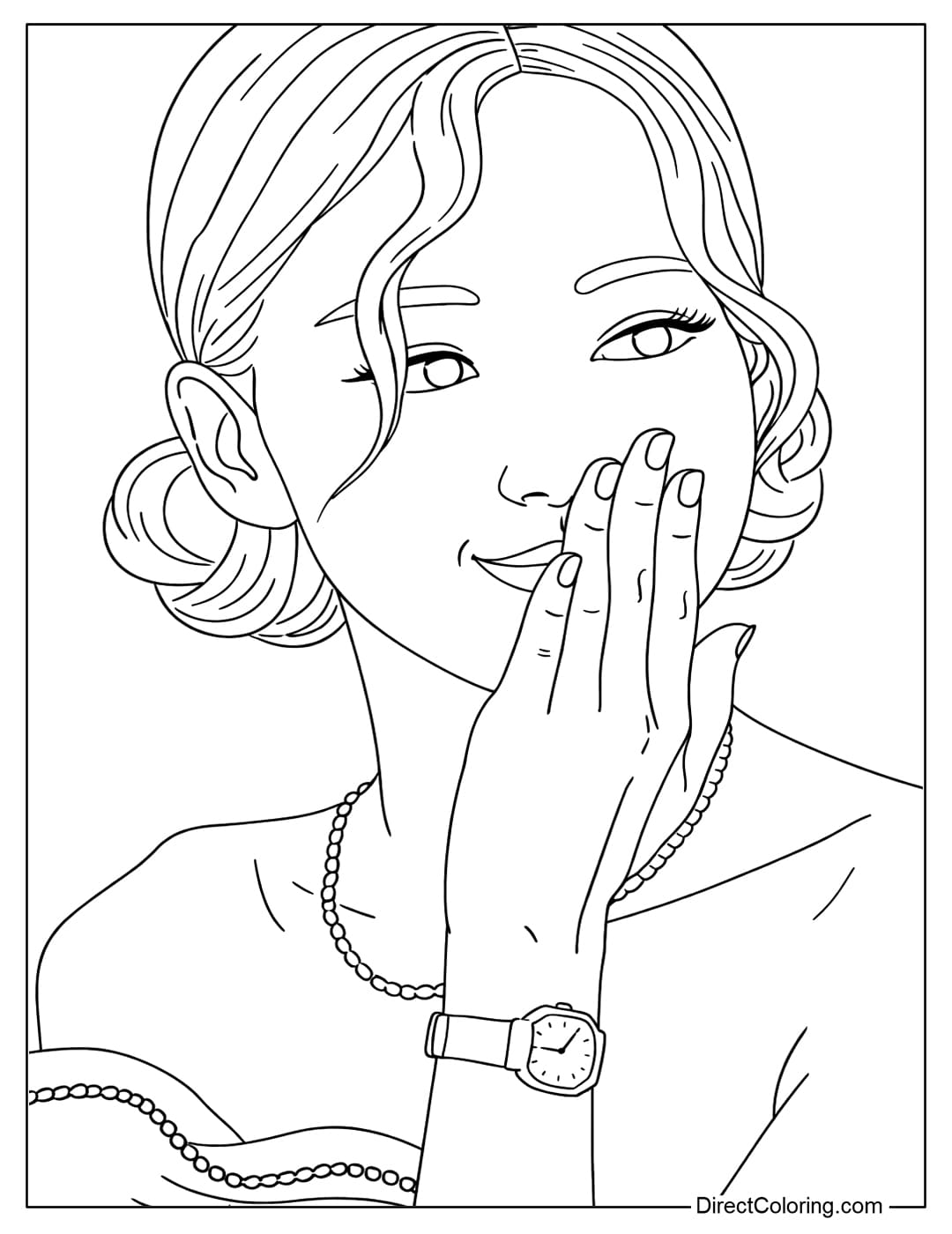 A coloring page of Rosé Blackpink, beautiful with her gentle smile and hand covering her mouth, creating a graceful and refined look.