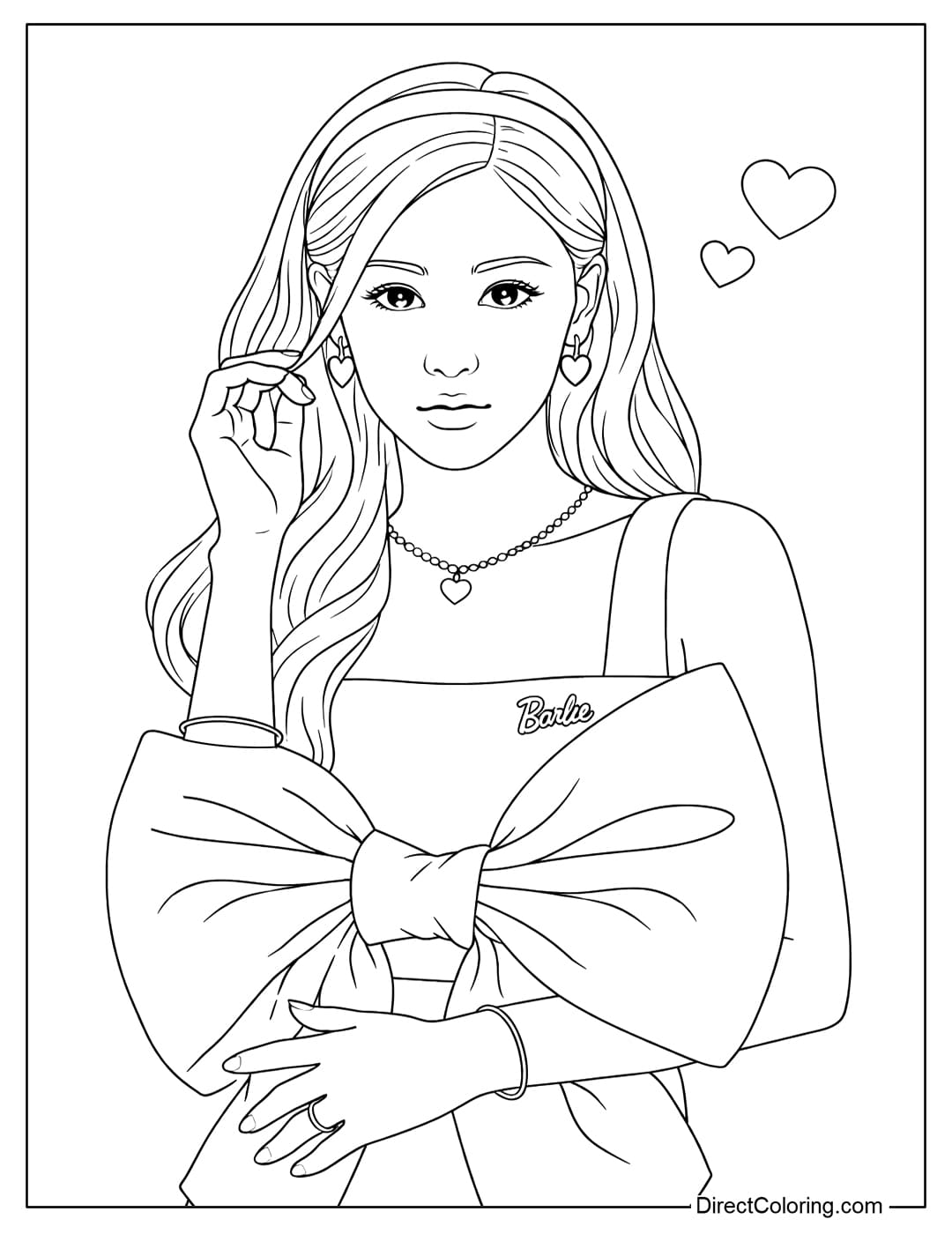A sweet and feminine Rosé Blackpink coloring page in Barbie style, with a giant bow on her chest and heart-shaped earrings and necklace.