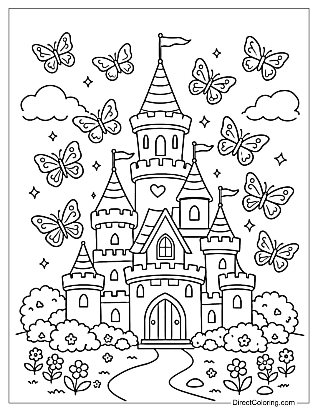 A coloring page of a cute castle with many butterflies flying around the castle towers.