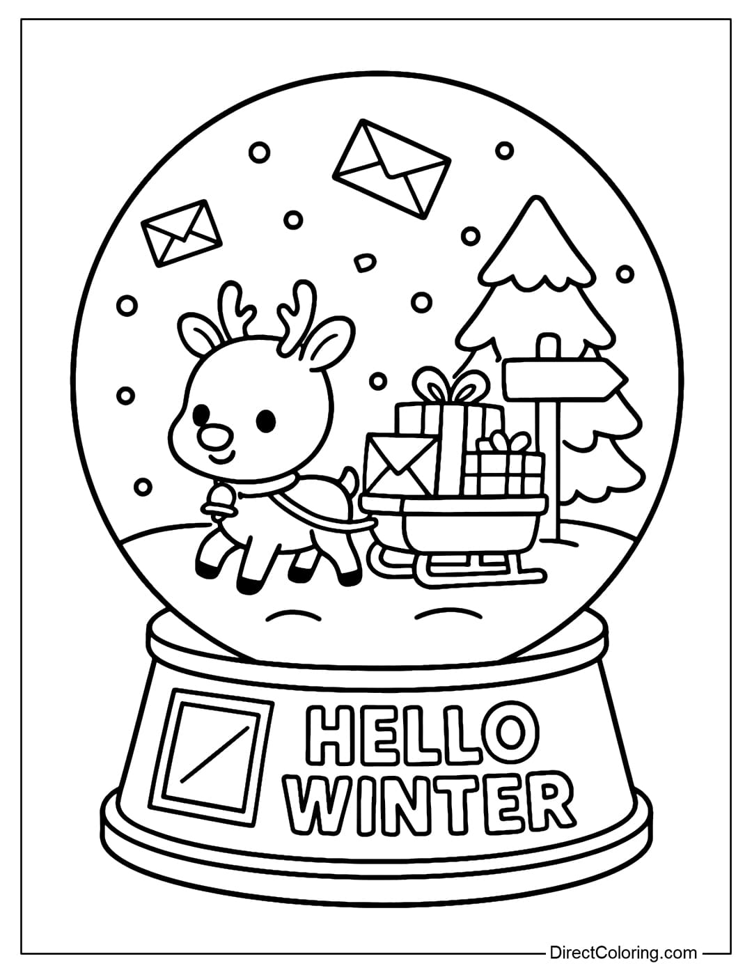A snow globe coloring page with a small sleigh pulled by a chibi reindeer, carrying letters and gifts, with the words HELLO WINTER written on the base of the globe.