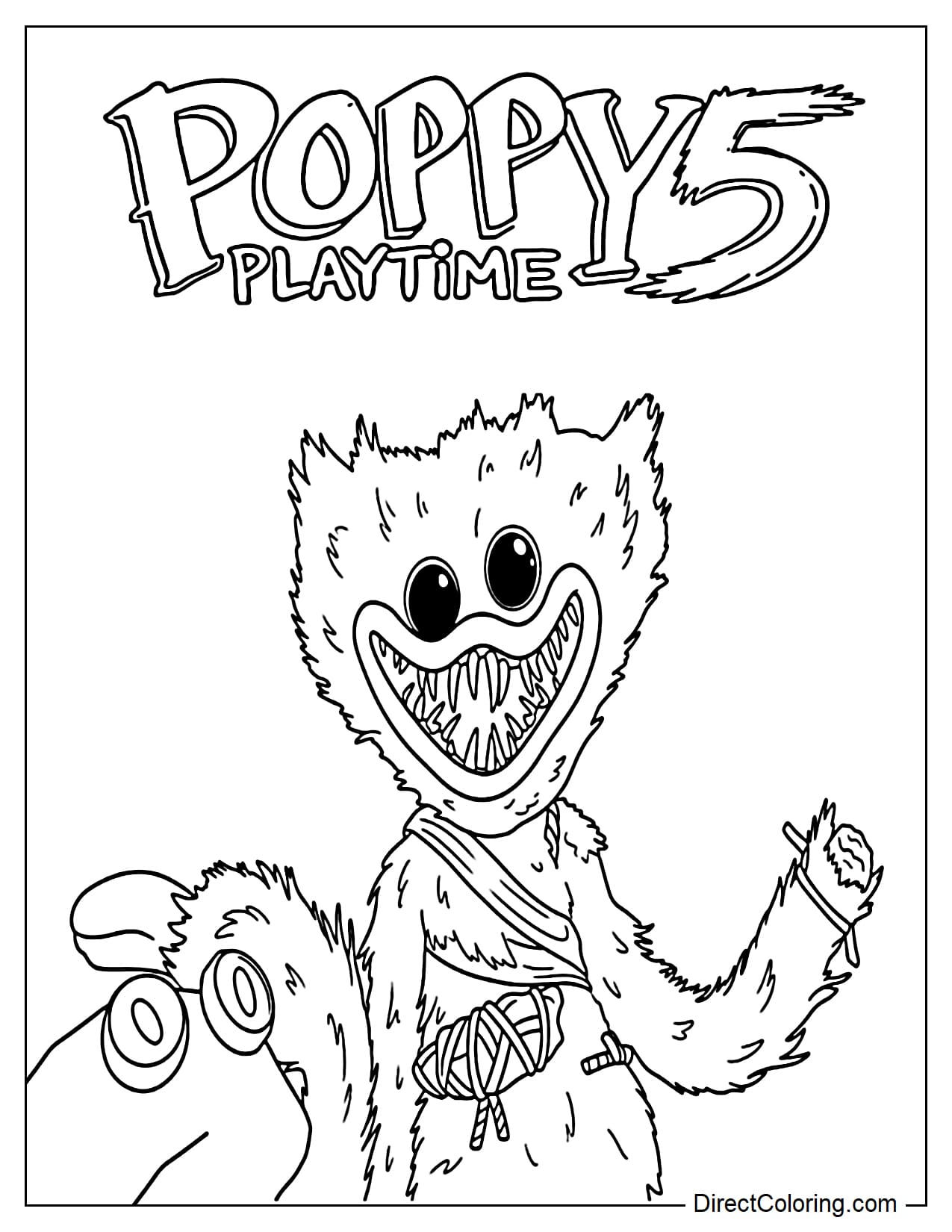 Huggy Wuggy from Poppy Playtime Chapter 5 with a damaged and bandaged appearance, with the words 