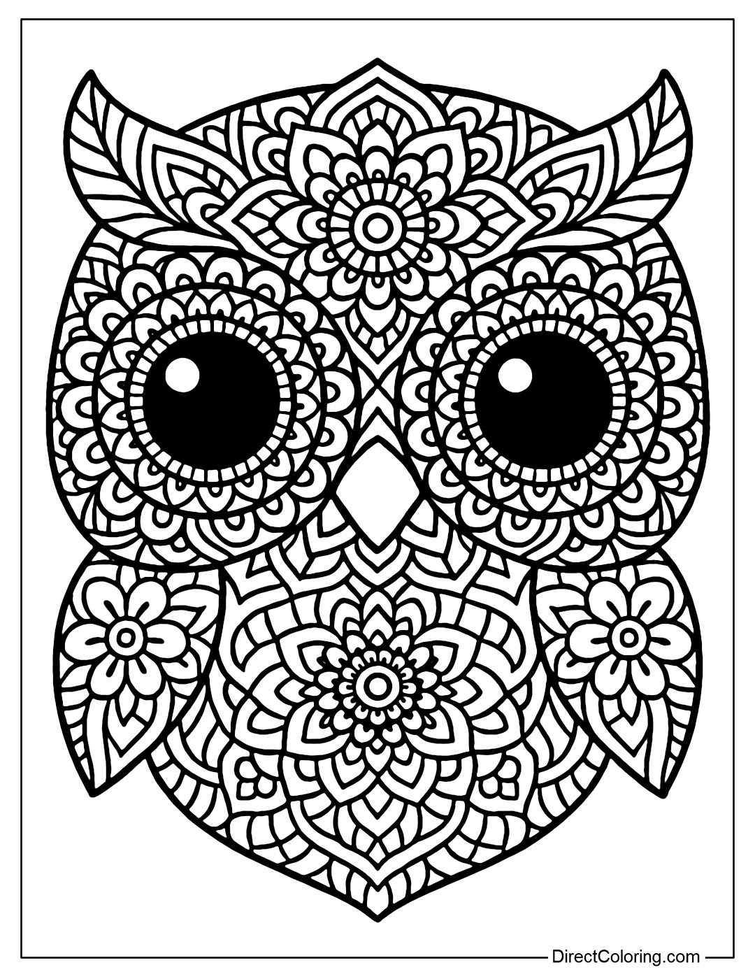 A close-up coloring page of an owl's head, the feathers are made into an elaborate mandala pattern, the big eyes are the highlight.