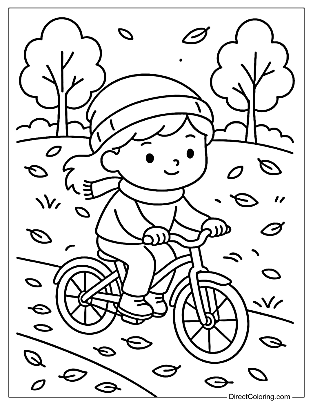 An afternoon coloring page of cycling through the park, fallen leaves, cool air, relaxing in early autumn.