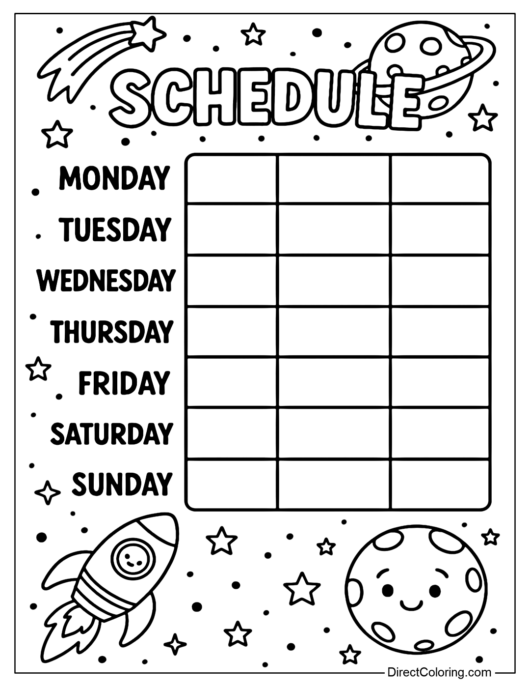 Space schedule coloring page with rockets, planets and bright stars.