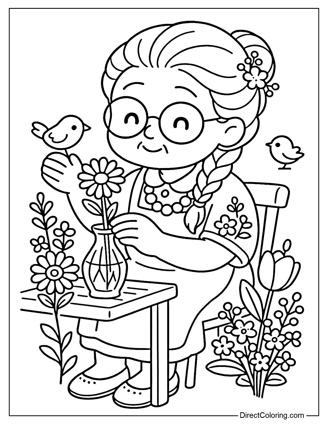 Coloring Page Grandma holds a chrysanthemum carefully placed in a crystal vase on a wooden table, surrounded by many different types of flowers.