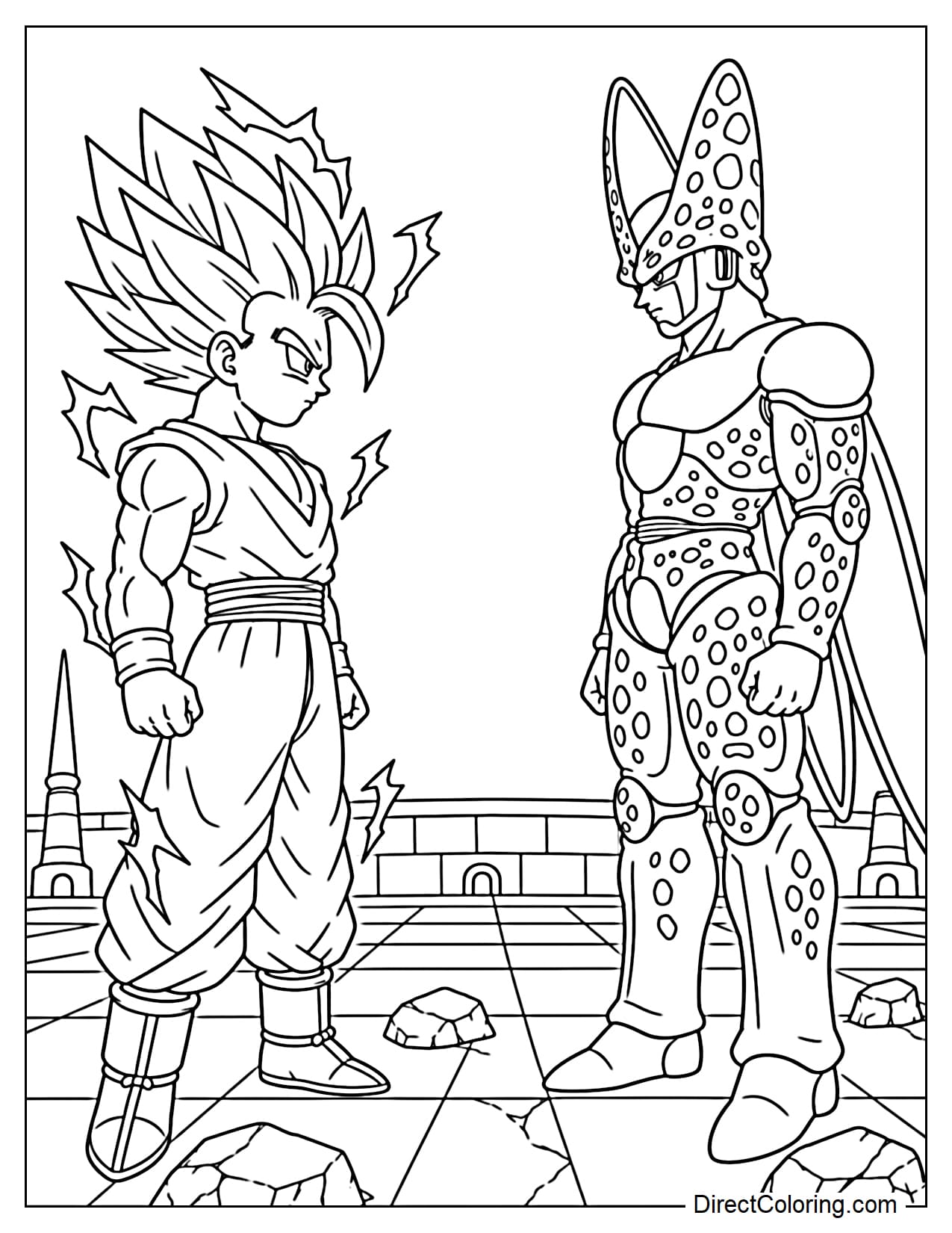 Dragon Ball Z Cell Saga features a challenge between Gohan in Super Saiyan 2 form and Perfect Cell, with the Cell Games background featuring large square rocks.