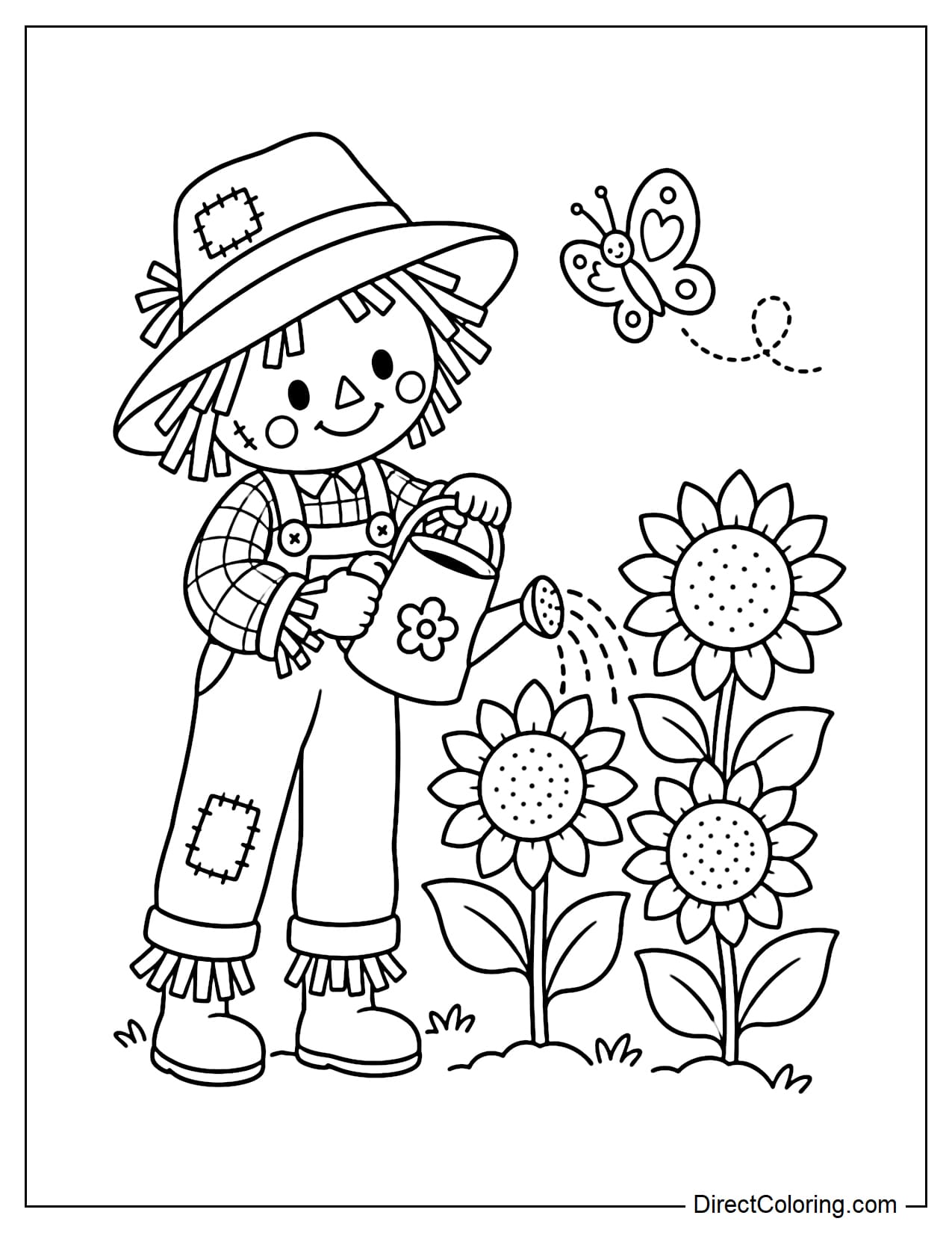 A scarecrow holds a small watering can with both hands and waters the sunflowers while a little butterfly flutters nearby.